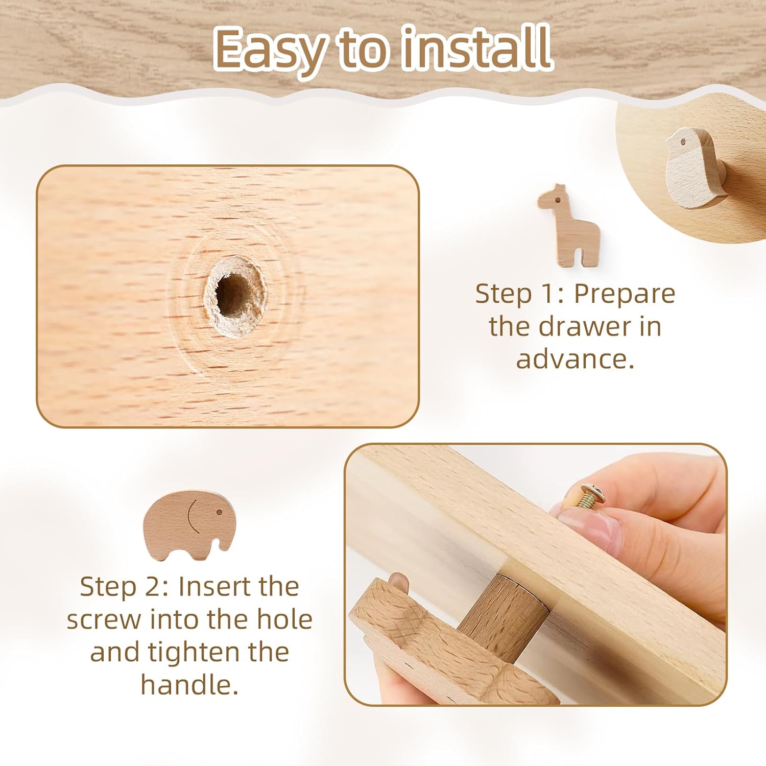 Pomos decorativos de madera para gabinetes de madera con tornillos, serie Bird Alpaca Perillas para cajón, perillas de madera para cuarto de bebé,
