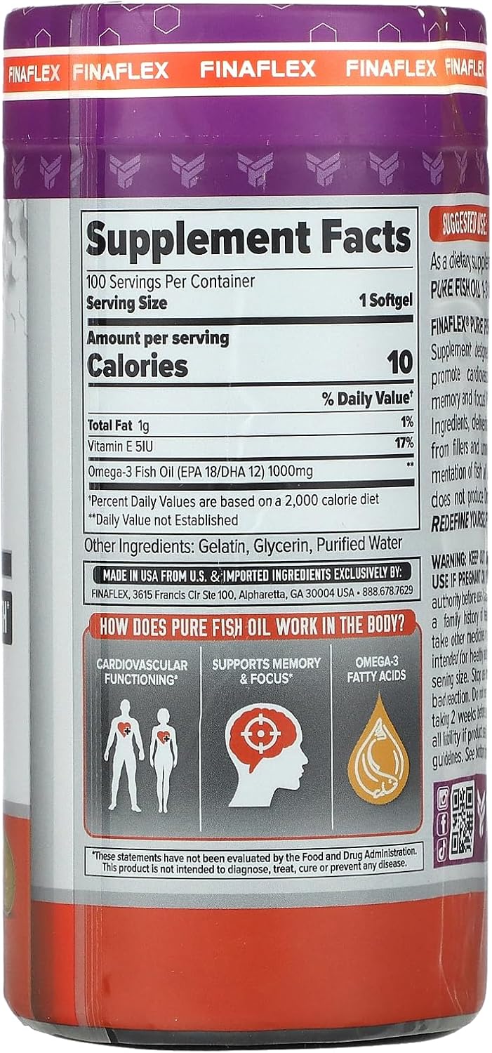 FINAFLEX Aceite de pescado puro, 100 cápsulas blandas, promueve la función cardiovascular, apoya la memoria y la concentración, con ácidos grasos