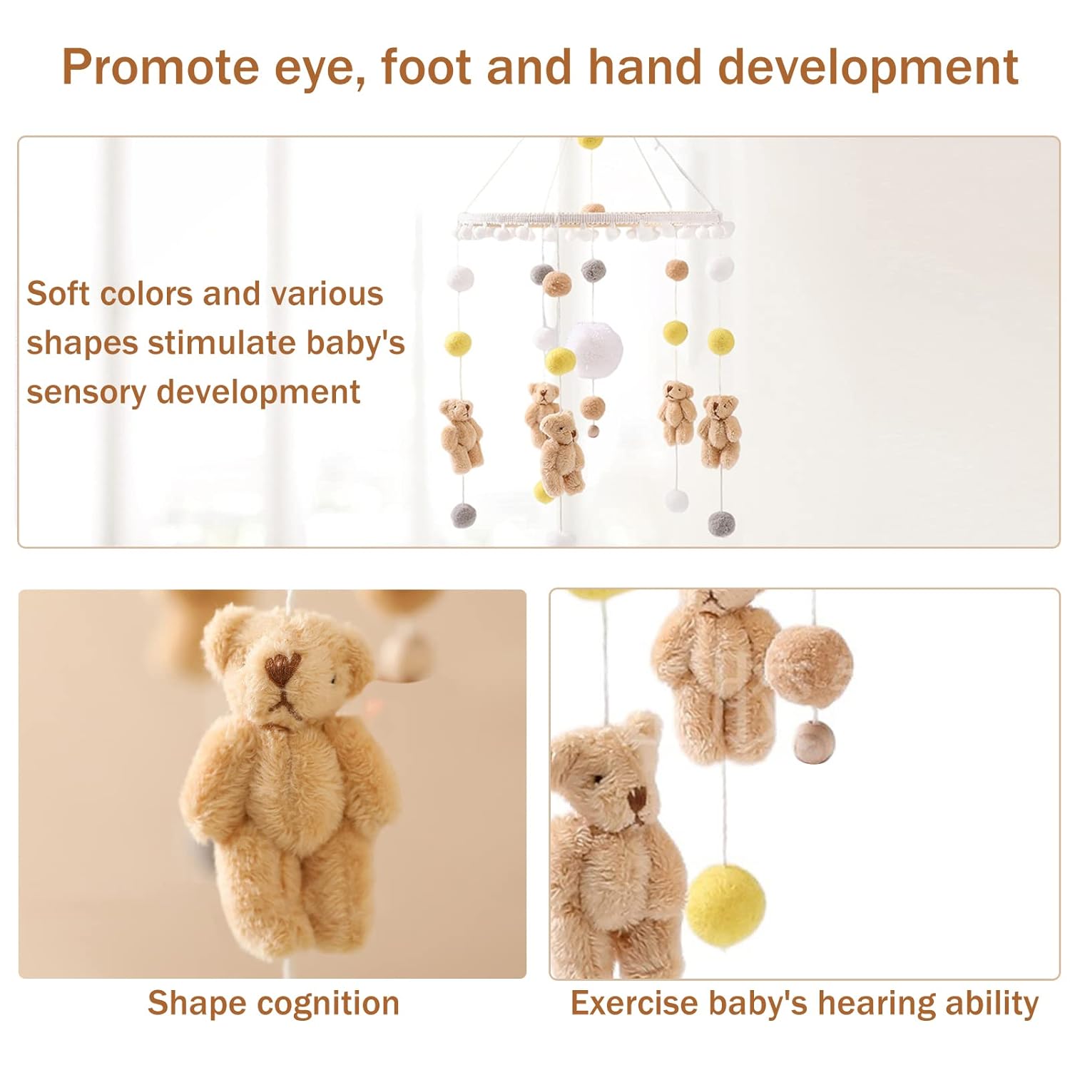 Móvil de bebé para cuna  Campana de cama de panda, campanilla de viento para niñas y niños, móvil para moisés, bola de fieltro, juguete colgante