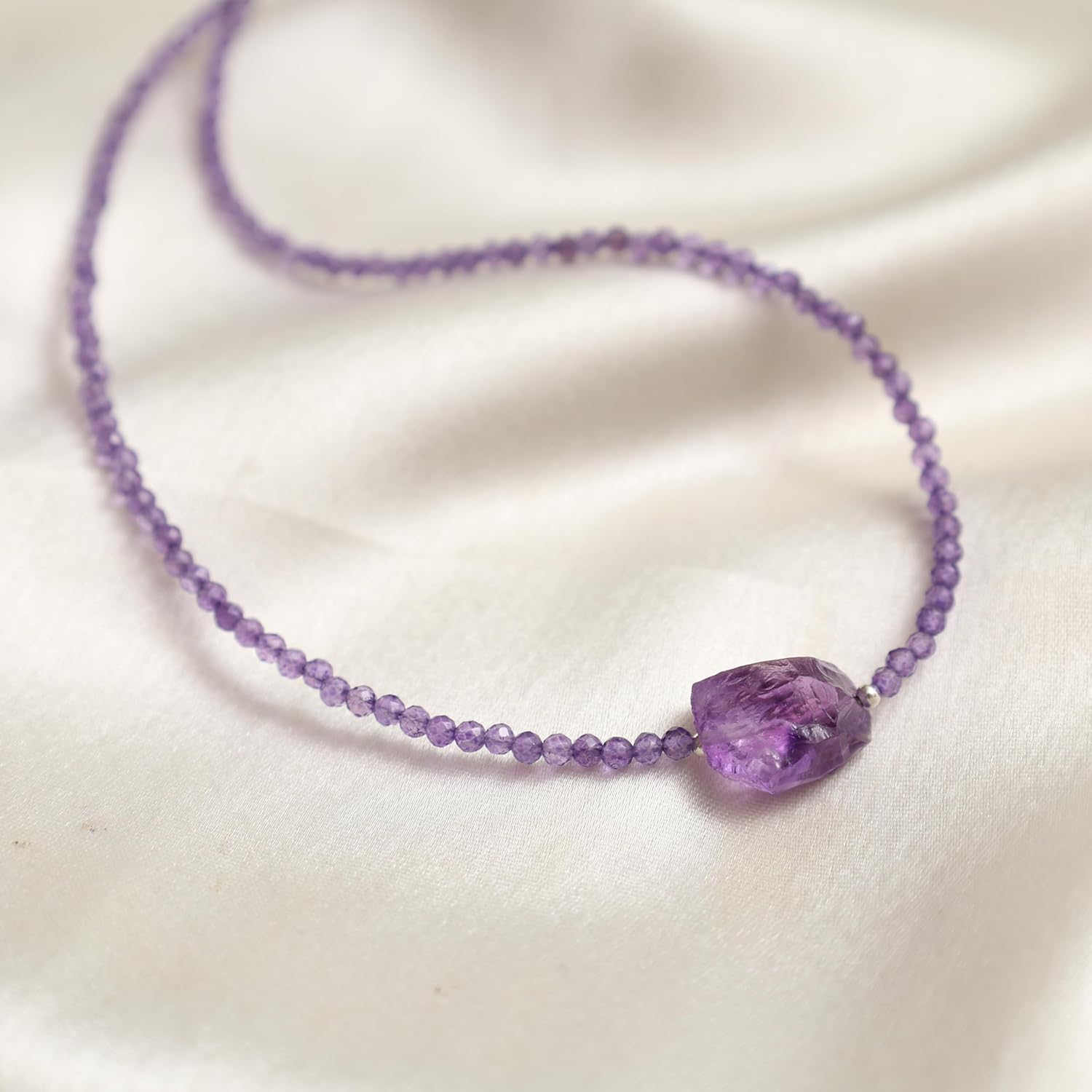 Gempires Amethyst Beaded Choker Necklace with Raw Stone, Amethyst Faceted Beads 2.4-2.5 mm, February Birthstone, 18 inches Adjustable Silver Plated