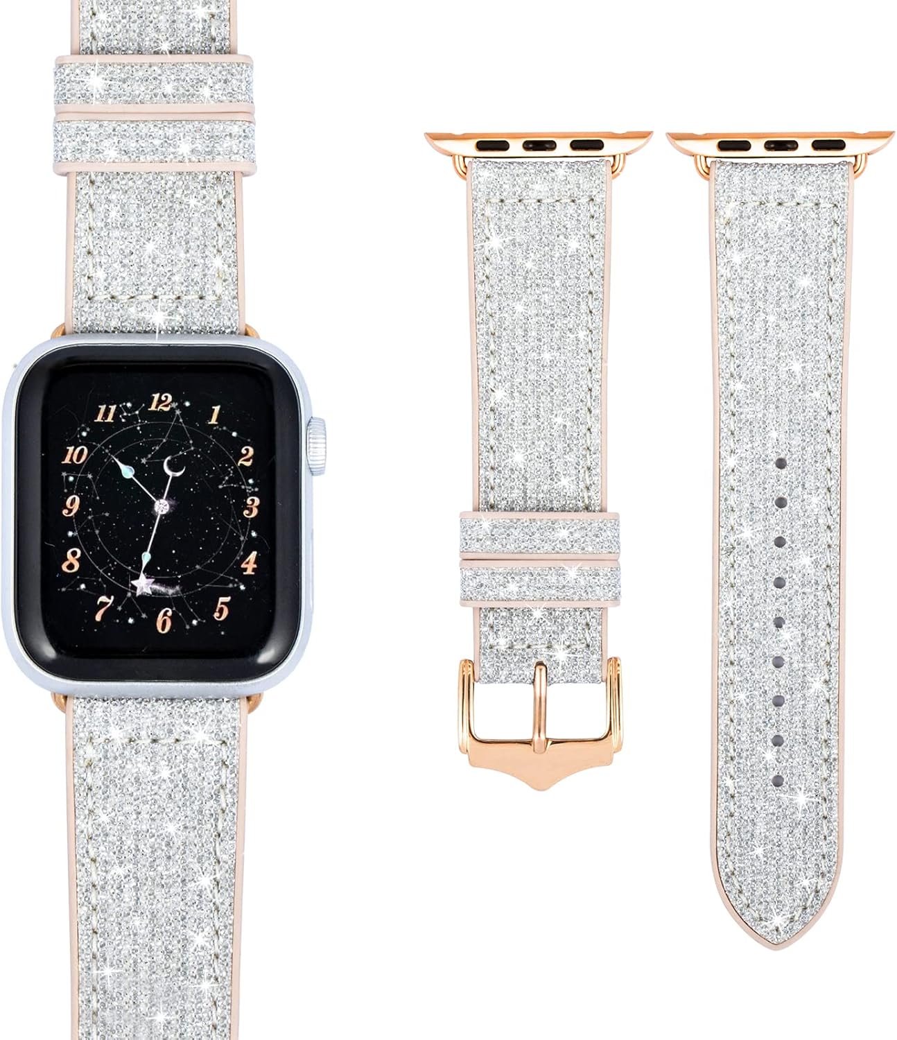Correas delgadas con purpurina compatibles con Apple Watch Band iWatch Series 8 SE2 7 6 SE 5 4 3 2 1 1.772 in 1.614 in 1.496 in 1.575 in 1.654 in