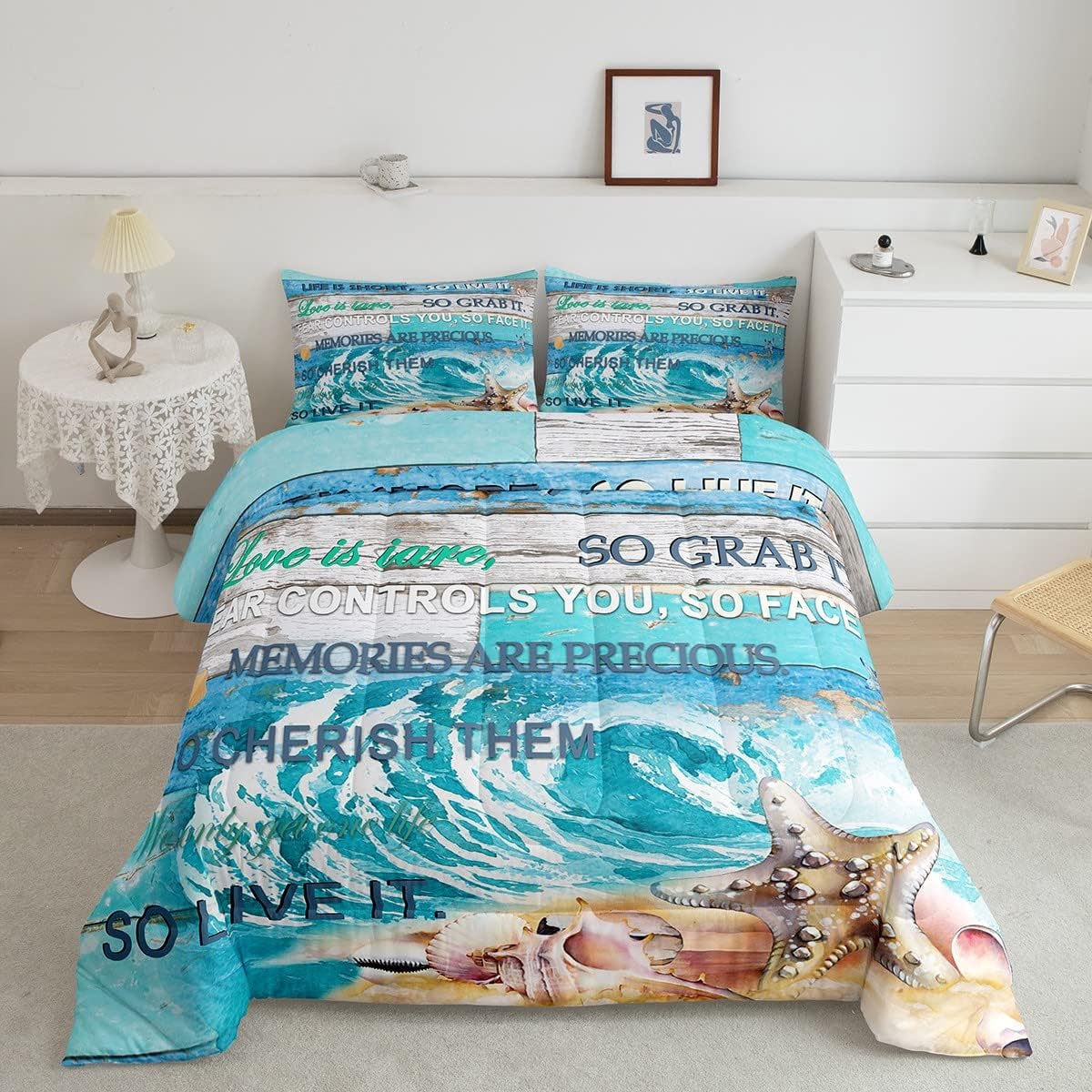 Castle Fairy Juego de edredón de tamaño matrimonial, diseño de concha de estrella de mar y citas inspiradoras, colección de dormitorio, juego de