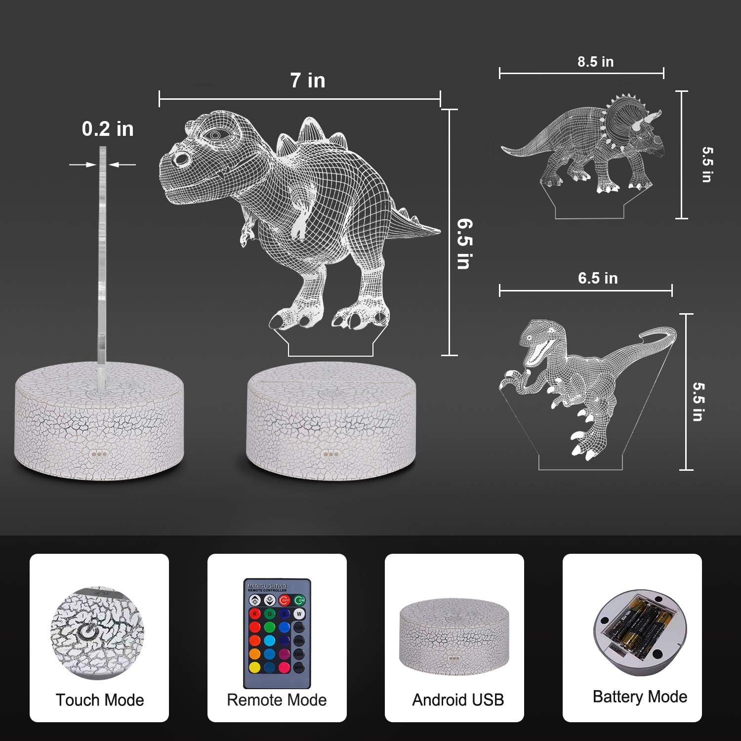 VSATEN Dinosaur Night Light for Kids, 3D Illusion Lamp 3-Pattern & 16 Colors Changing LED Dino Nightlight with Smart Touch & Remote Control,