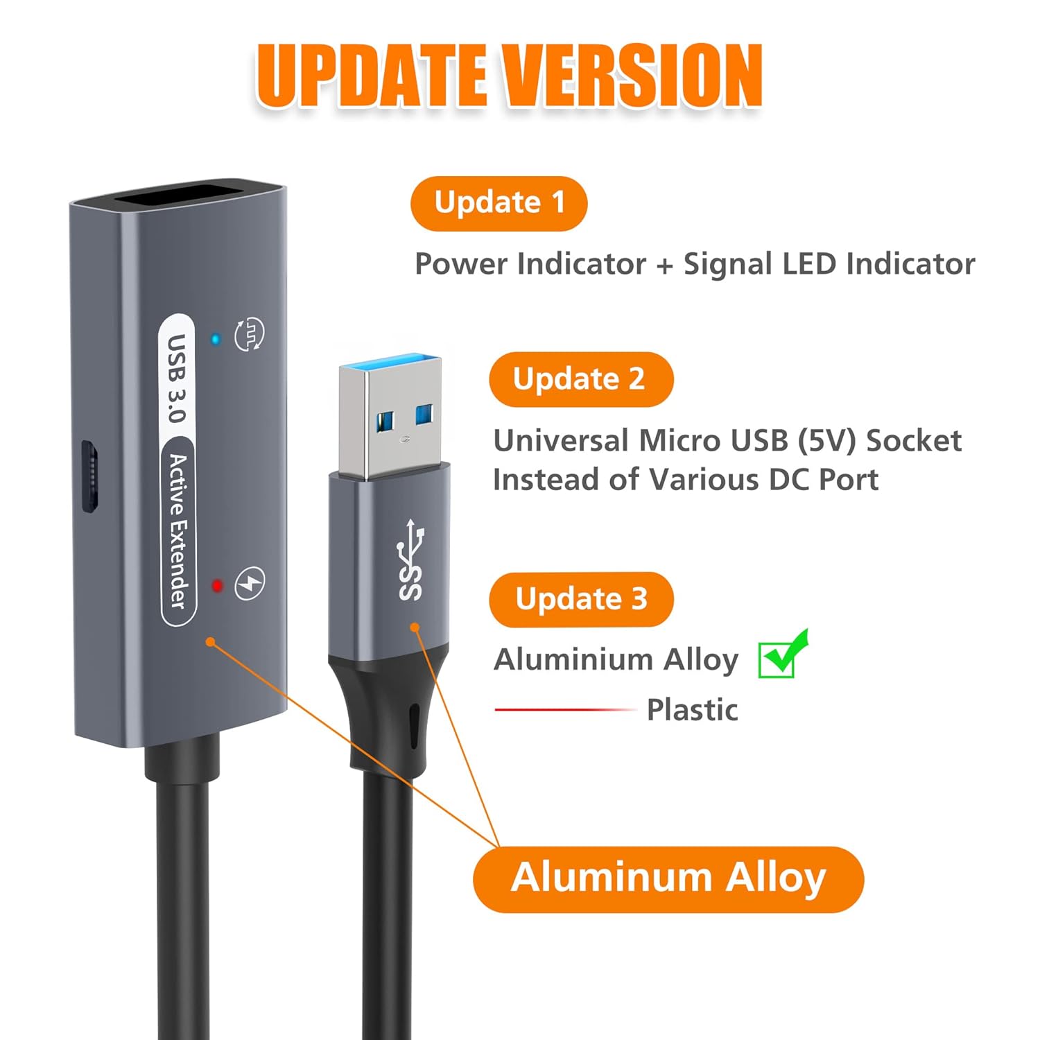 AGVEE Cable de extensión activo USB 3.0 de 66 pies  65.6 ft, USB3.0 macho a hembra, extensor de señal ultra largo, cable de refuerzo de señal para