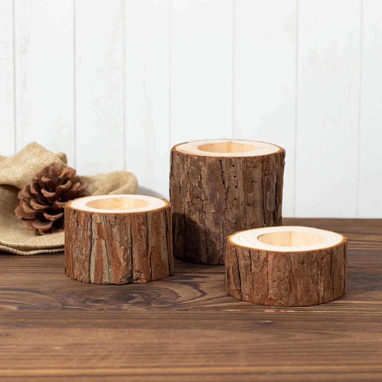 Efavormart – Juego de 3 portavelas votivos con rodajas de madera de granja, decoración de mesa de boda con rama de árbol rústico, 2.75 pulgadas, 1.5