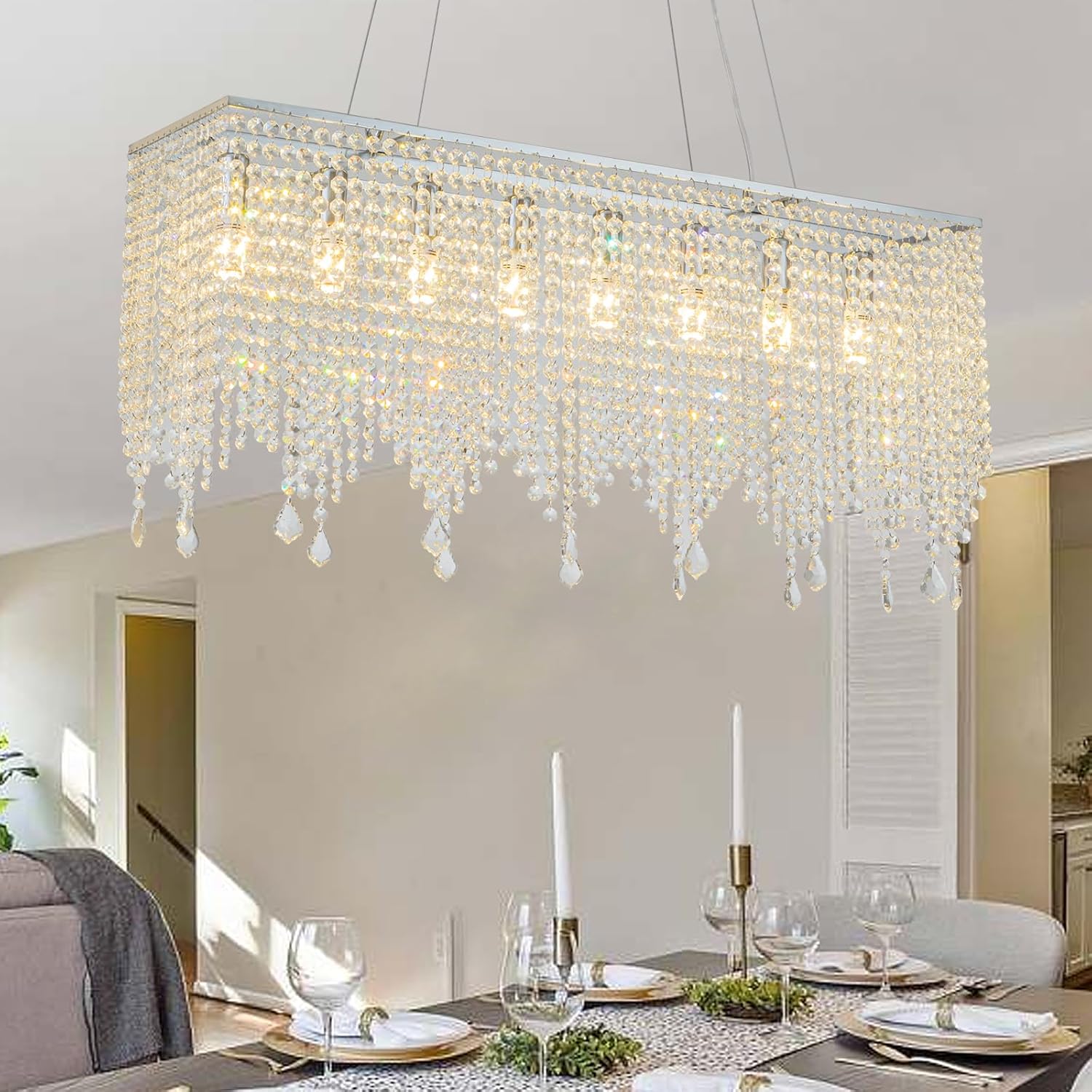 Candelabro rectangular de 31.5 pulgadas, lámparas de cristal cromado, lámpara colgante contemporánea de gota de lluvia, lámpara colgante moderna de