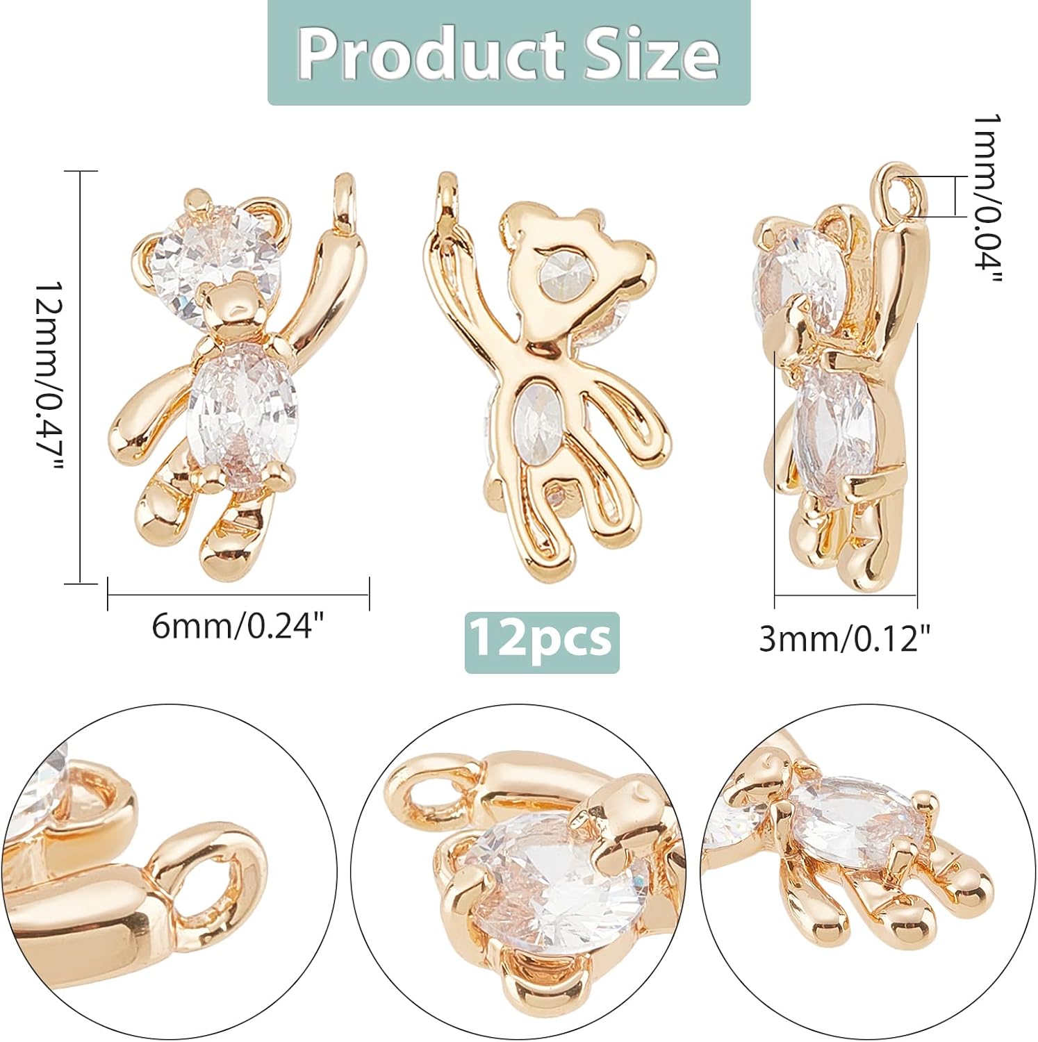 CHGCRAFT 12 dijes de oso chapados en oro de 18 quilates, latón con micro pavimento, circonita cúbica transparente con lazo para joyería, collares,