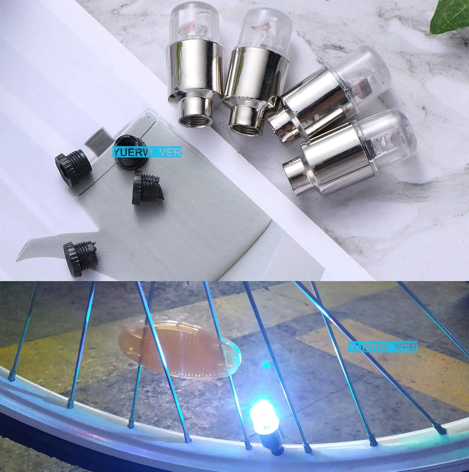YUERWOVER Paquete de 4 tapas LED de vástago de válvula, luces para neumáticos de automóvil, ensamblajes de ruedas, luces de neón para válvulas de
