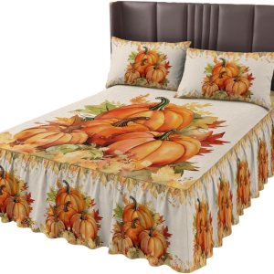 Faldas de cama de calabaza de otoño de Acción de Gracias, tamaño matrimonial de 18 pulgadas de caída, falda de cama envolvente, con volantes, colcha Faldas de cama de calabaza de otoño de Acción de Gracias, tamaño matrimonial de 18 pulgadas de caída, falda de cama envolvente, con volantes, colcha