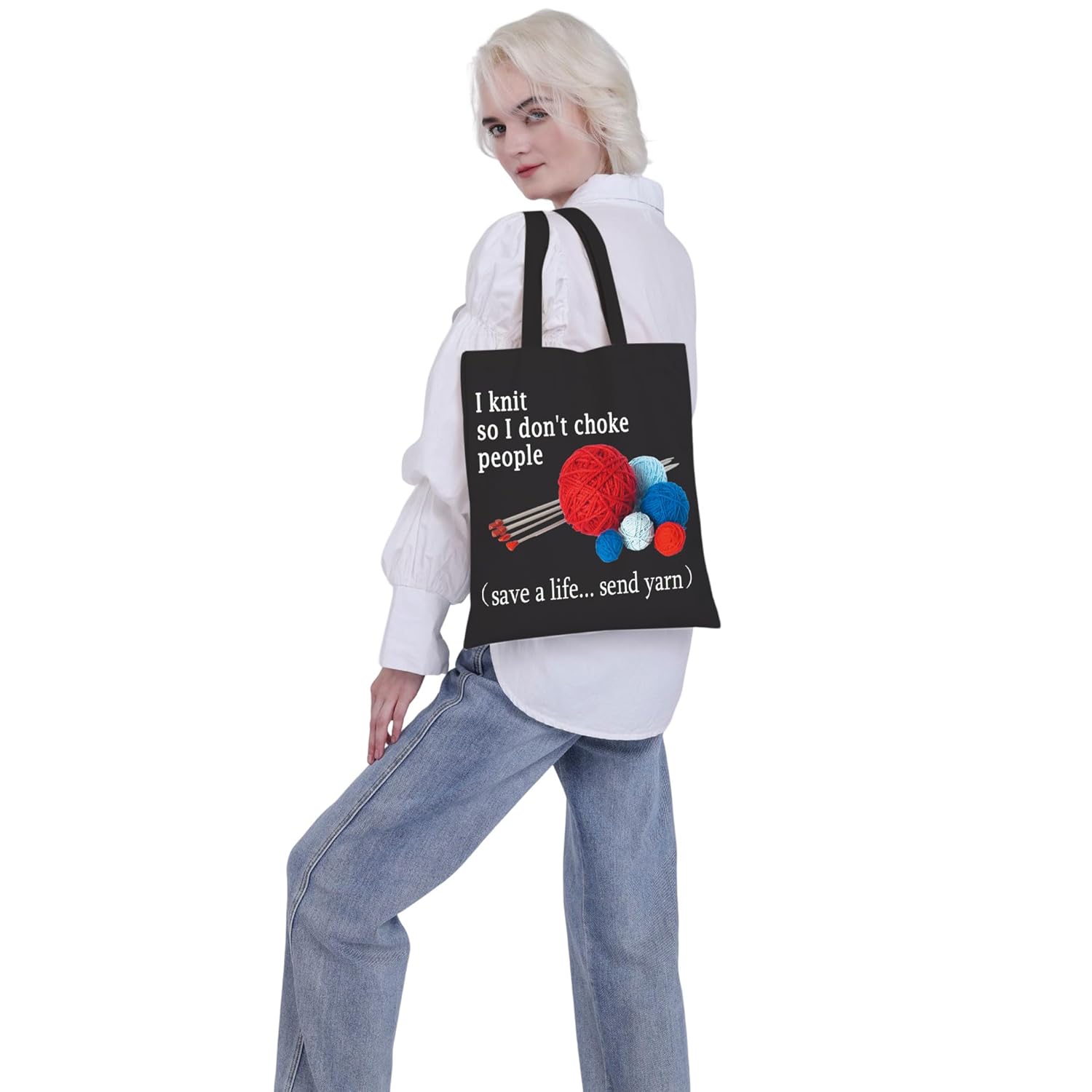 Bolsa de mano con texto en inglés “I Knit so I Don’t Choke People”, regalos divertidos para amantes del tejido, bolsa de almacenamiento de hilo