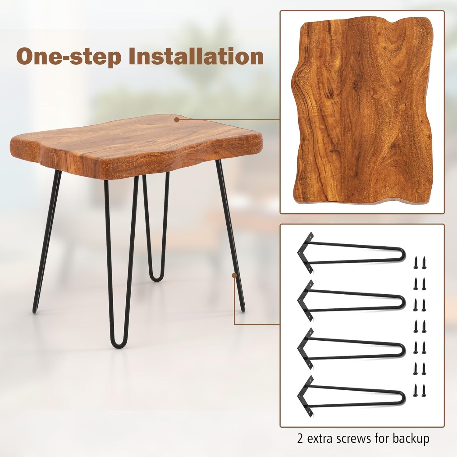 GOFLAME Mesa auxiliar rectangular, mesa auxiliar para interiores y exteriores con parte superior de madera de teca maciza y patas de metal, mesa de