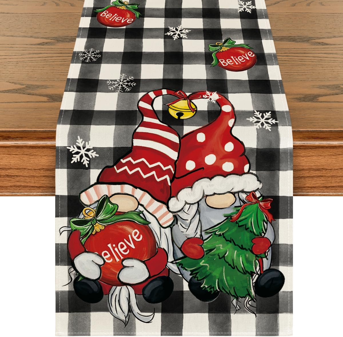 Artoid Mode Camino de mesa de Navidad con campanas de gnomo a cuadros, árbol de Navidad, decoración de mesa de comedor de cocina de invierno de