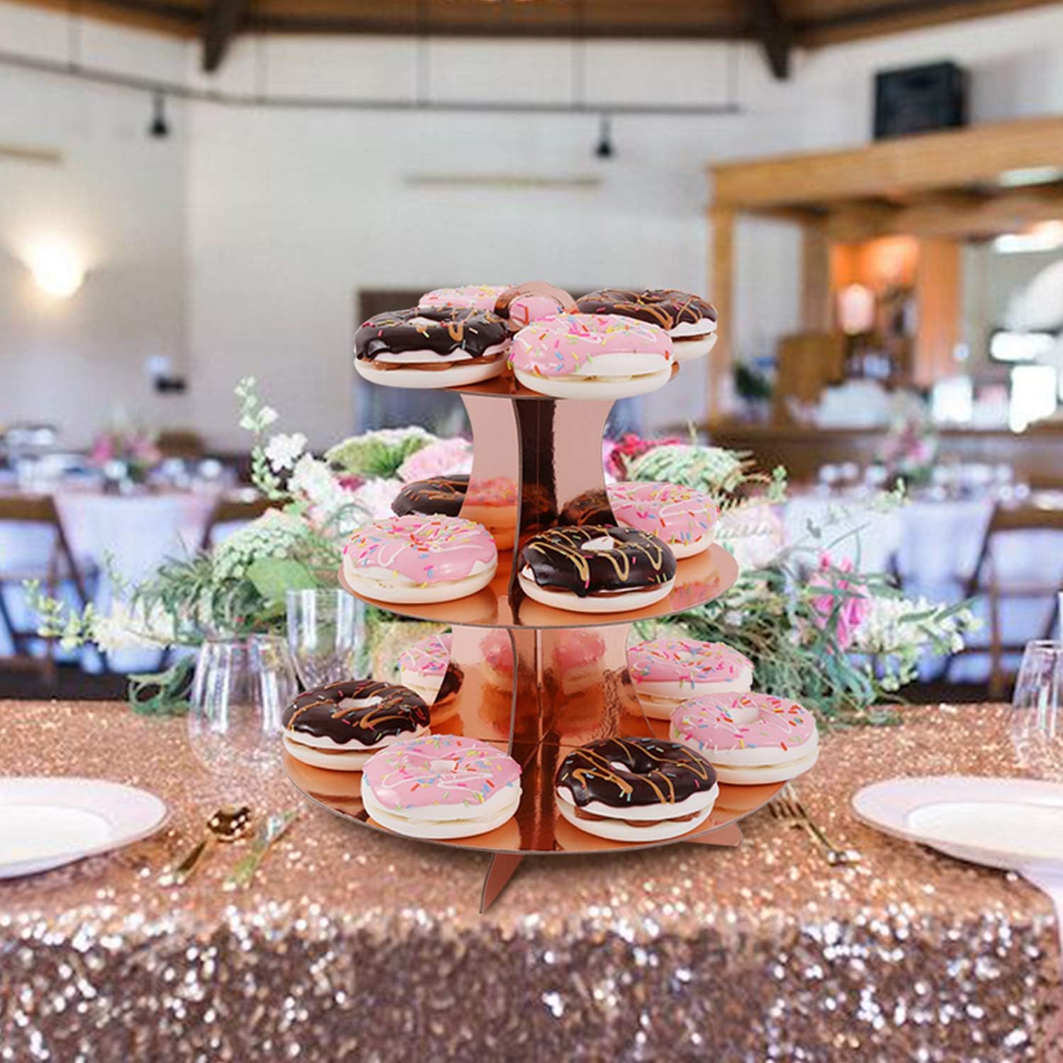 Juego de 2 soportes redondos de cartón de 3 niveles de oro rosa para 24 cupcakes, perfecto para mujeres y niñas, cumpleaños, despedida de soltera,