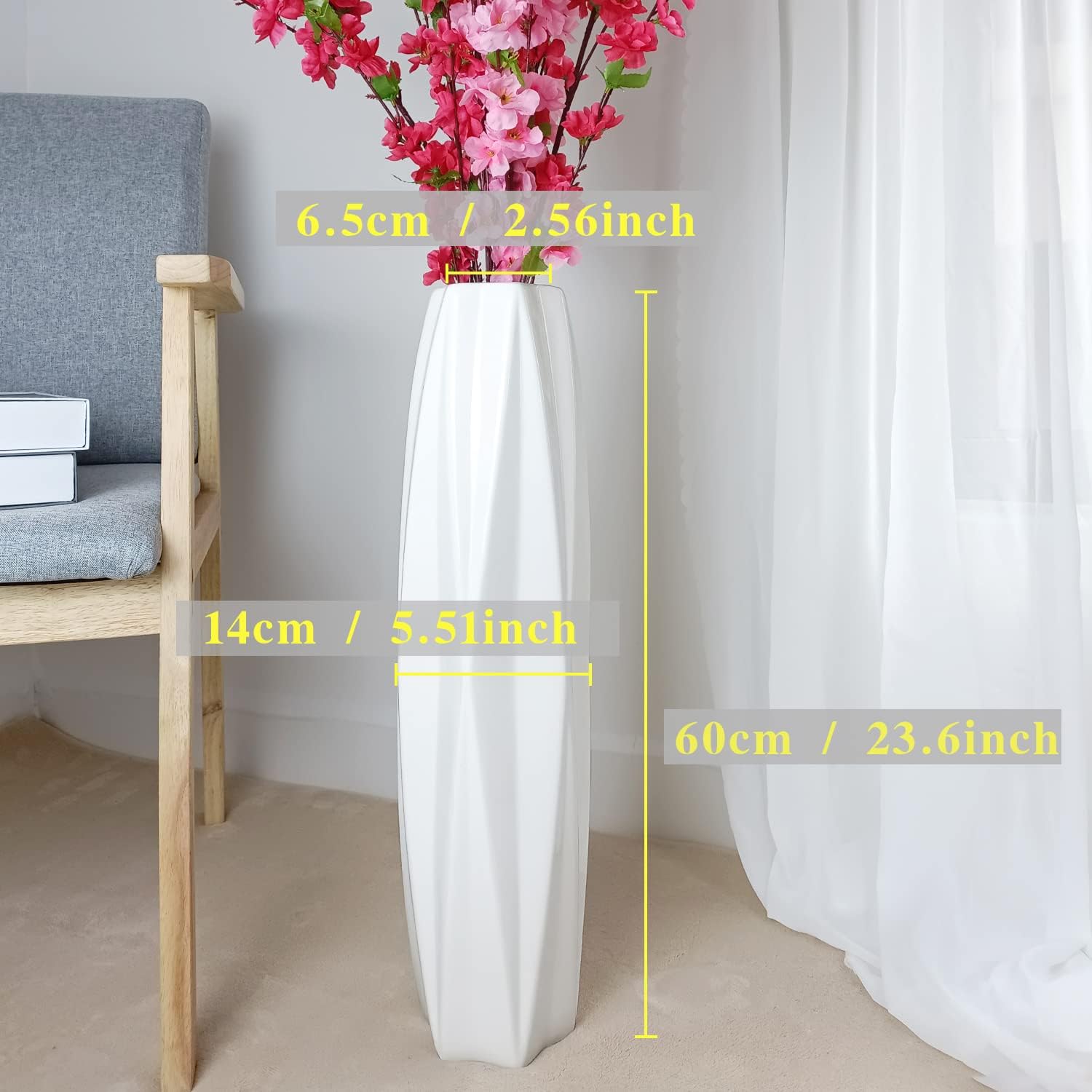 Jarrón grande de cerámica de 24 pulgadas de alto, jarrones blancos altos y modernos para oficina, hogar, granja, decoración de sala de estar, diseño