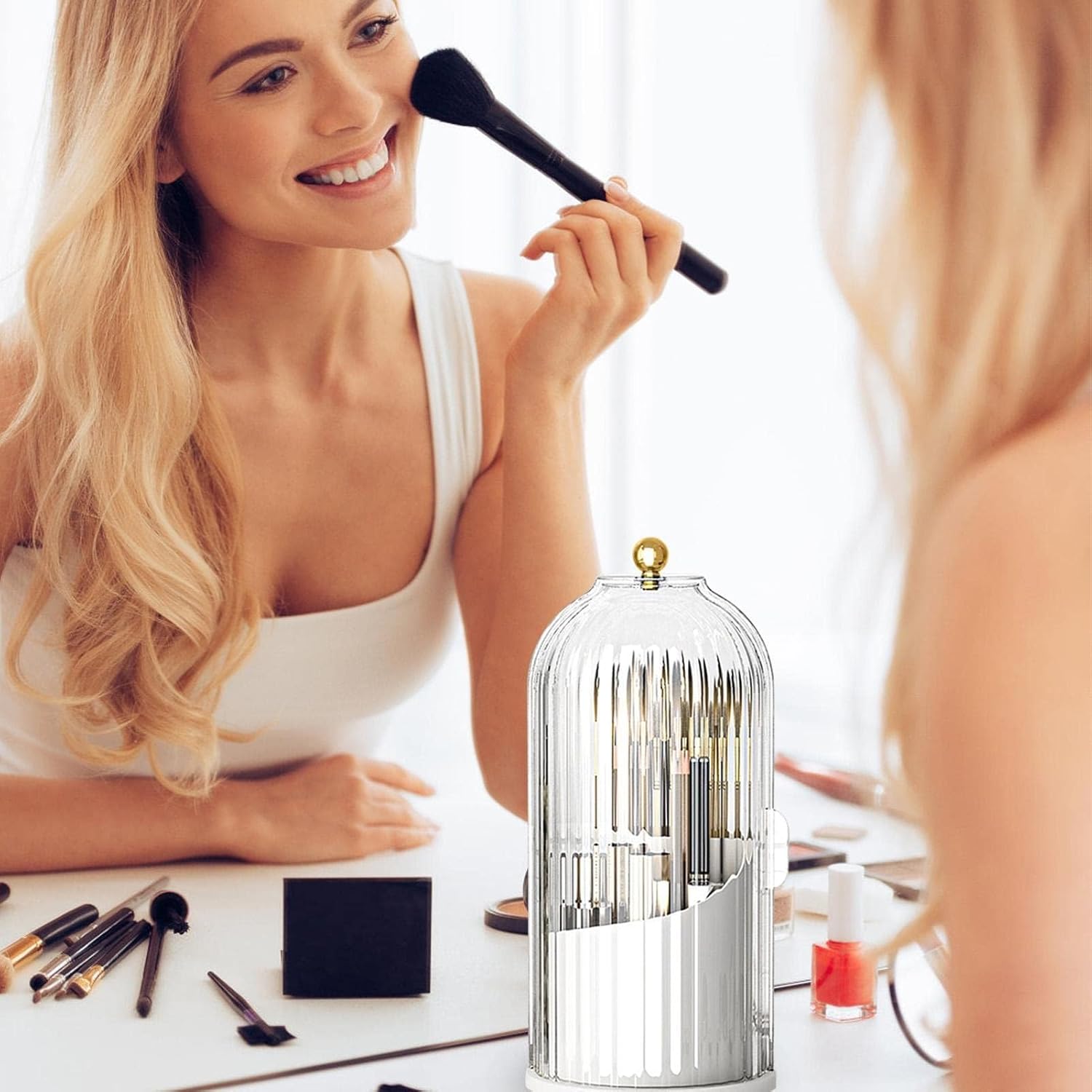 DASHENRAN Soulona – Organizador de maquillaje, elegante organizador de maquillaje giratorio de 360, organizador de brochas de maquillaje con tapa,