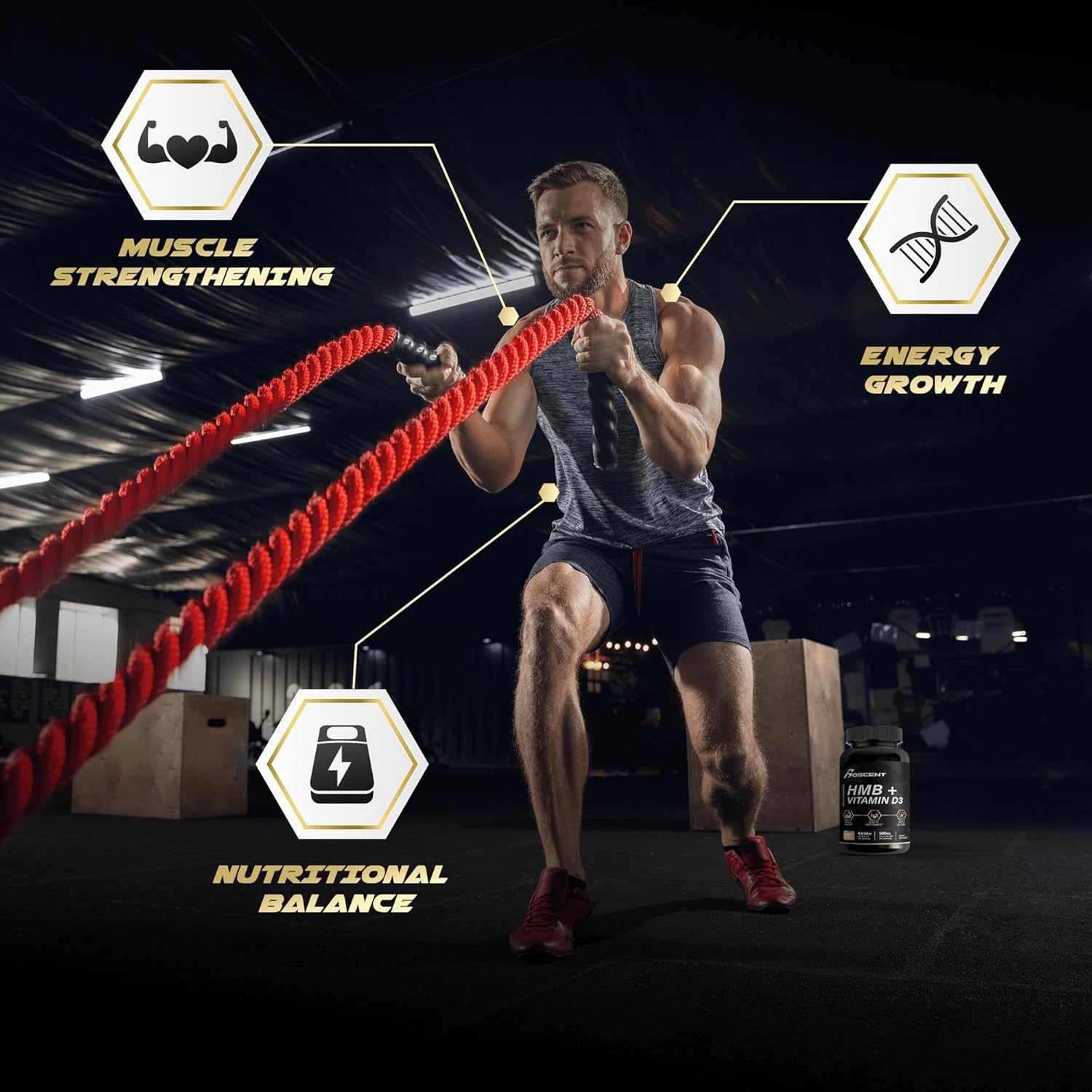 Suplemento de HMB y vitamina D3 – Suplementos de 1,000 mg de HMB con 4,000 UI de D3 y calcio para el crecimiento muscular, la fuerza y la
