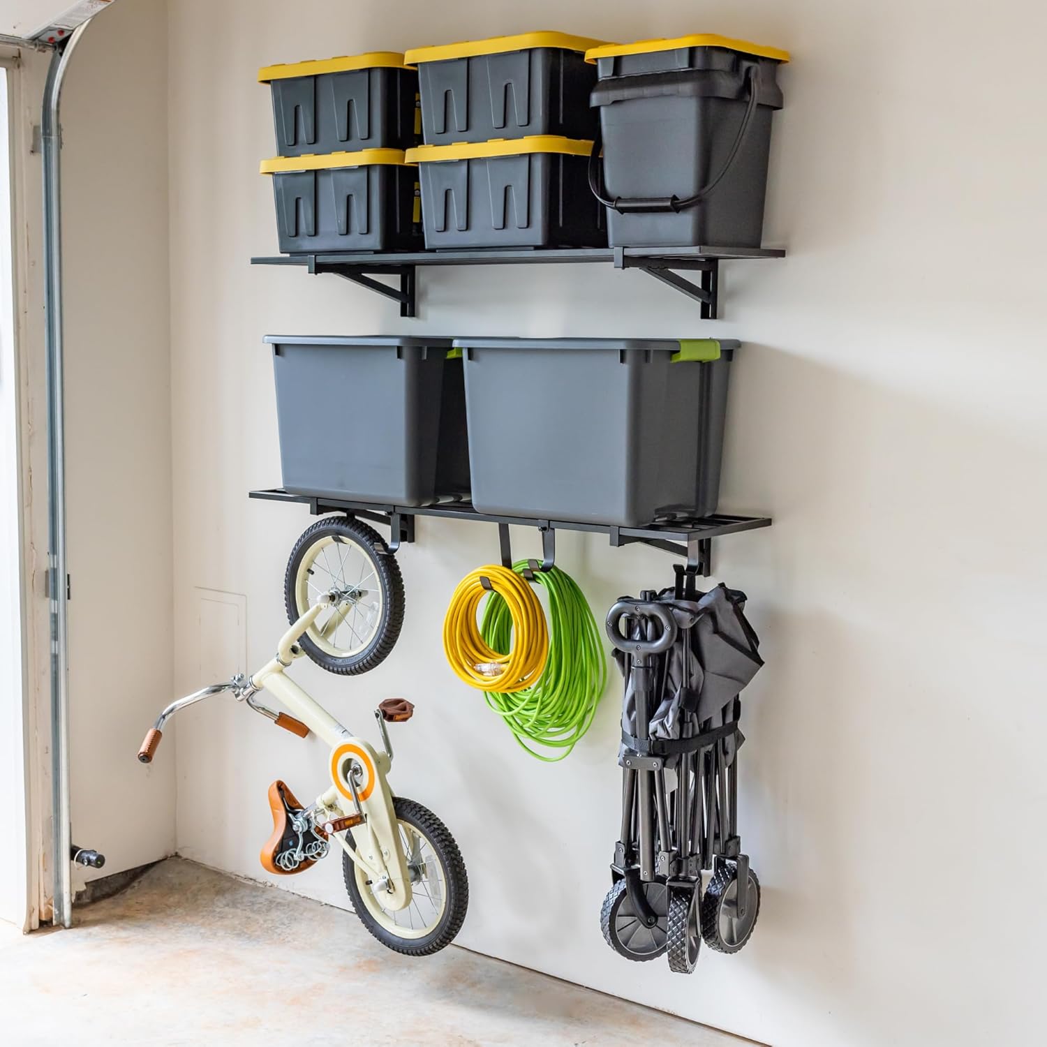 StoreYourBoard Paquete de 2 estantes de pared de garaje resistentes, estante de almacenamiento de pared de 1 x 4 pies con ganchos, soporta 200