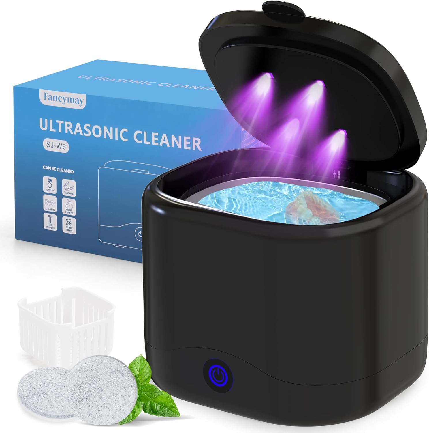 Limpiador ultrasónico con tabletas de limpieza, máquina limpiador de retenedores U-V para dentaduras, joyas, protector nocturno, cápsulas dentales,