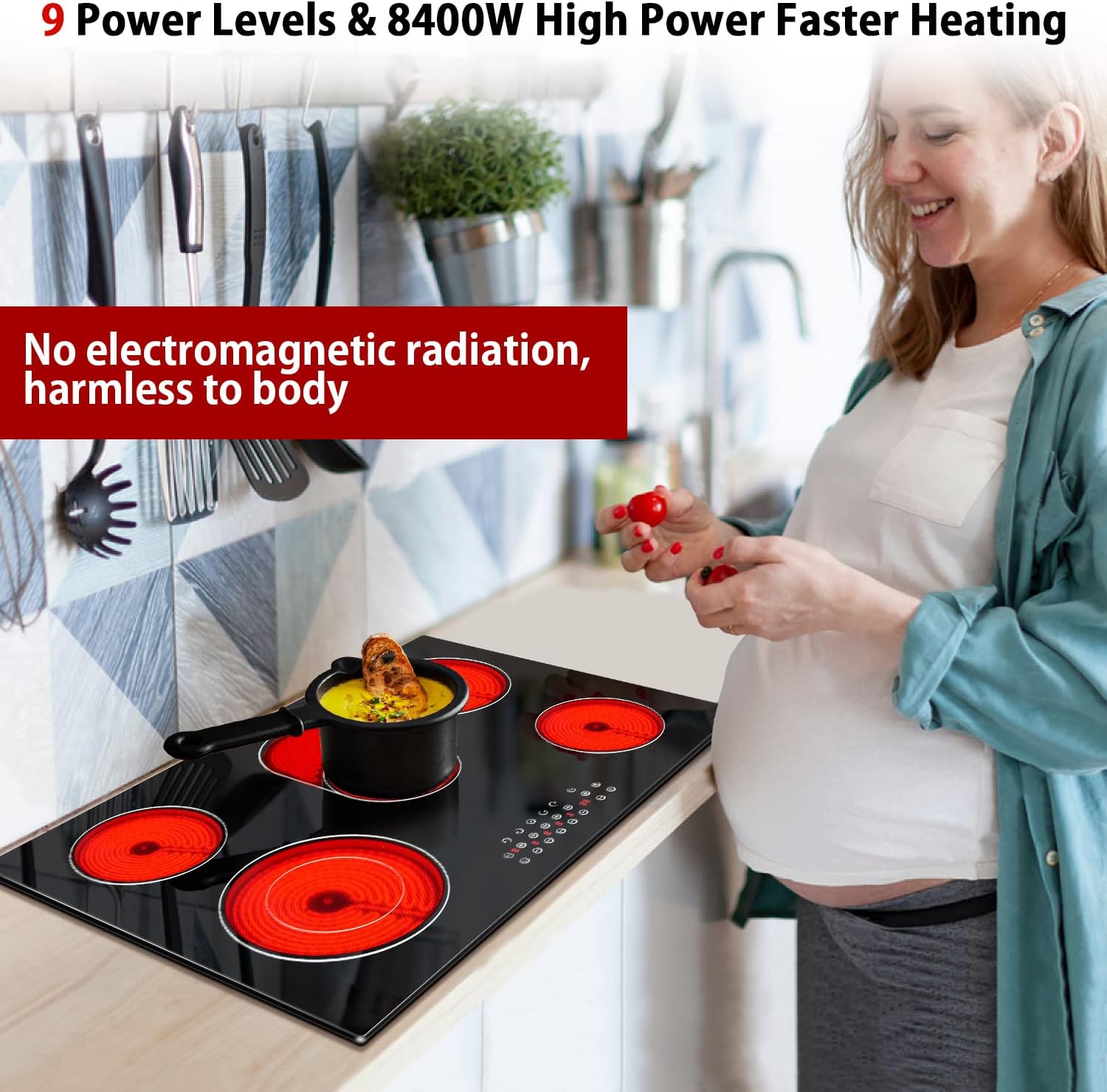Noxton Estufa eléctrica de 30 pulgadas, 5 quemadores, estufa eléctrica de cerámica radiante integrada con control táctil de sensor, bloqueo de