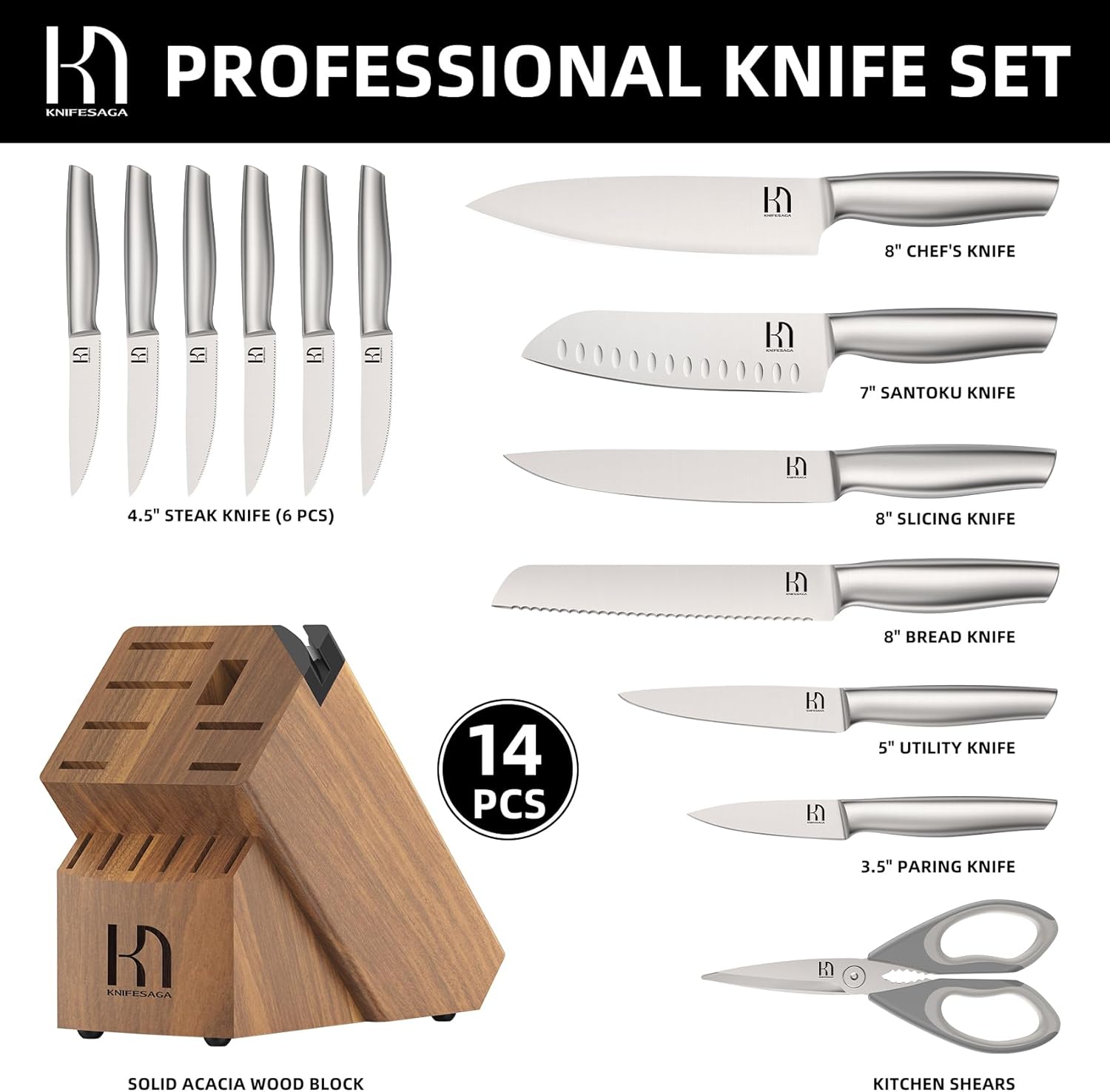 KnifeSaga – Juego de cuchillos de cocina de 14 piezas de acero inoxidable japonés de alto carbono con afilador integrado, juego de cuchillos de chef
