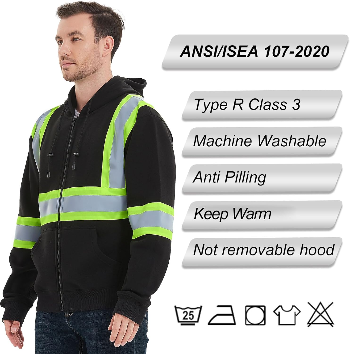 ProtectX Sudadera de seguridad de alta visibilidad clase 3 para hombre, sudadera reflectante con bolsillo grande para construcción y trabajo