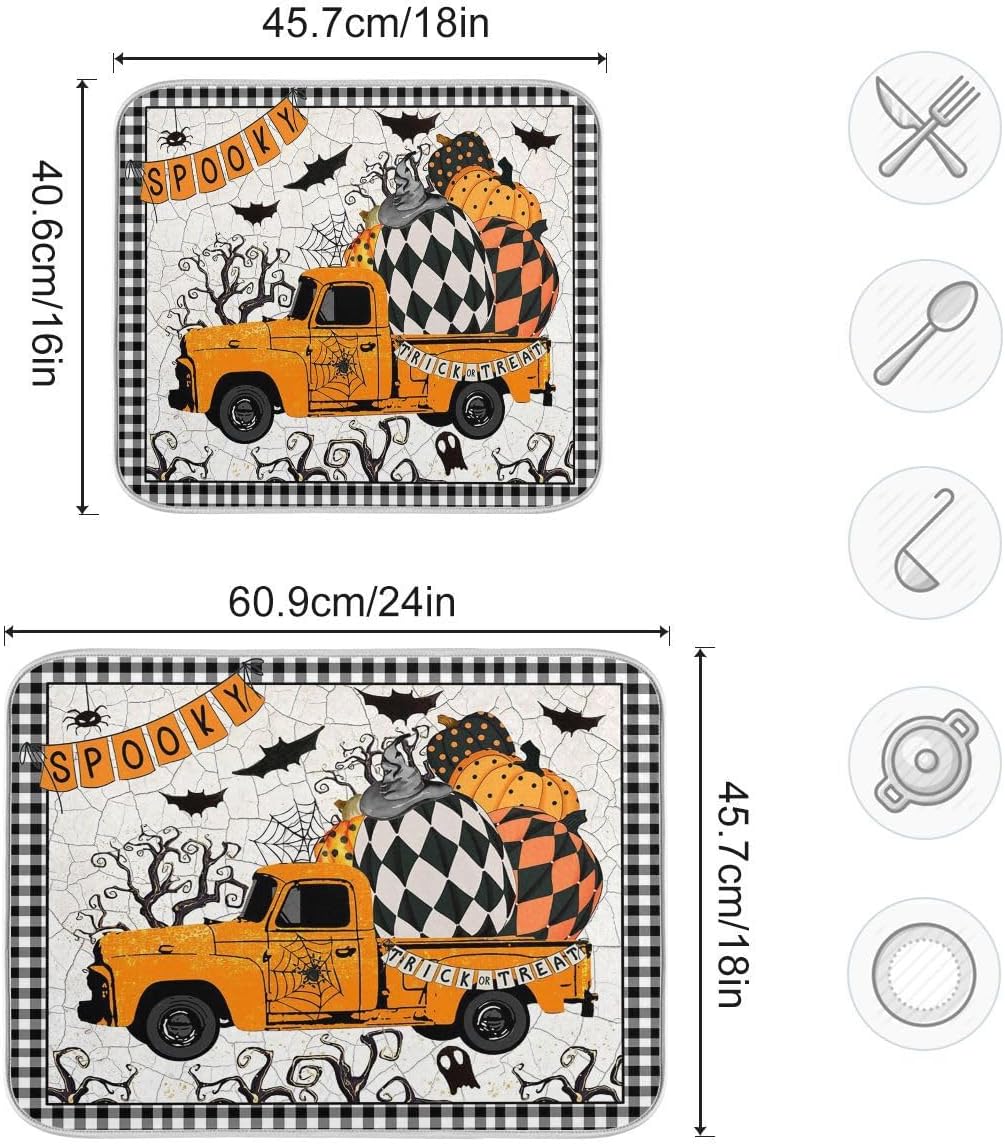 Tapete de secado de platos con diseño de calabaza y camión de Happy Halloween, tapete de secado de microfibra absorbente reversible para platos de