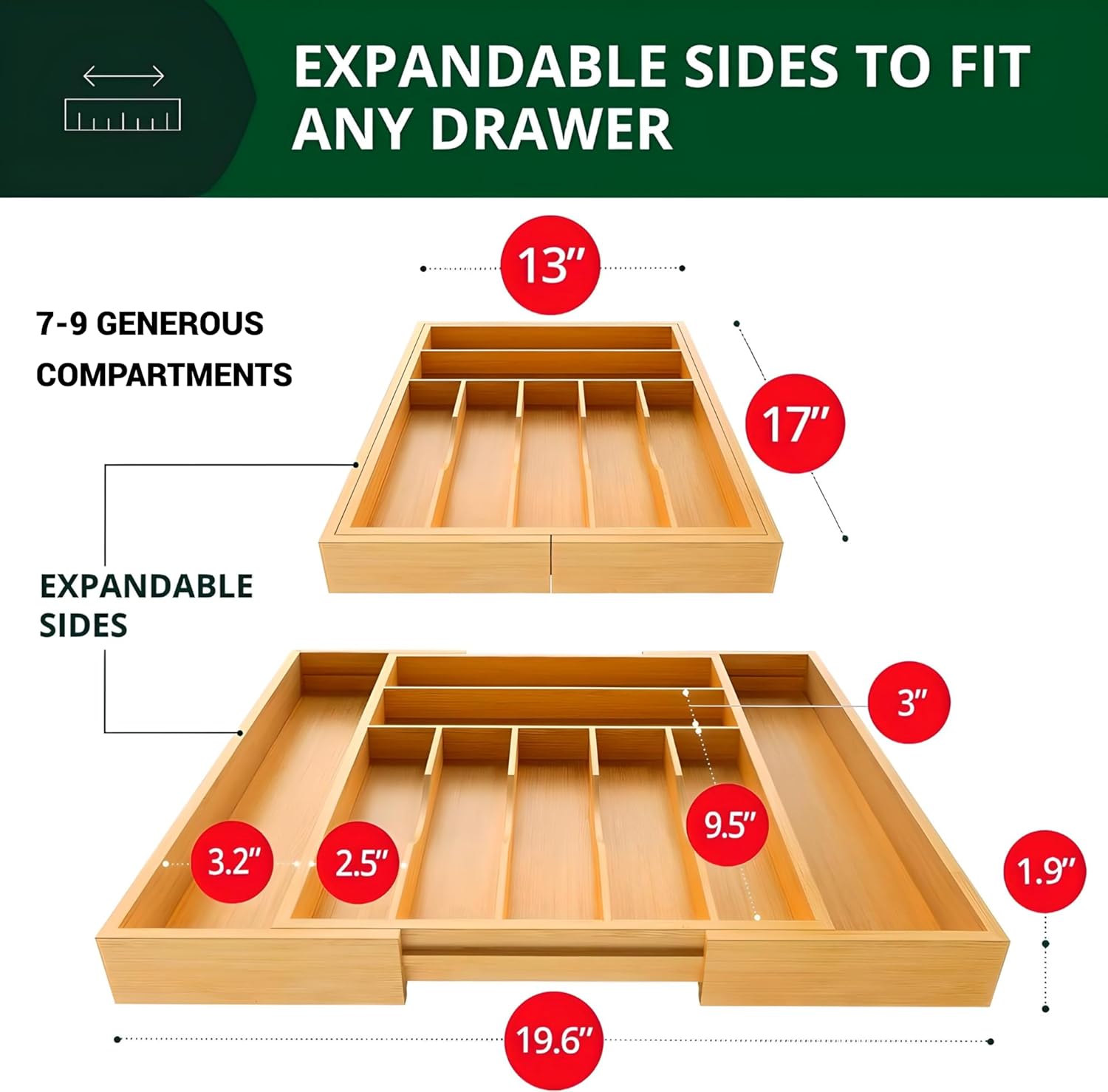 Organizador de cajones de cocina con base reforzada y divisores, organizador de cajones de cubiertos expandible, soporte de utensilios de bambú para