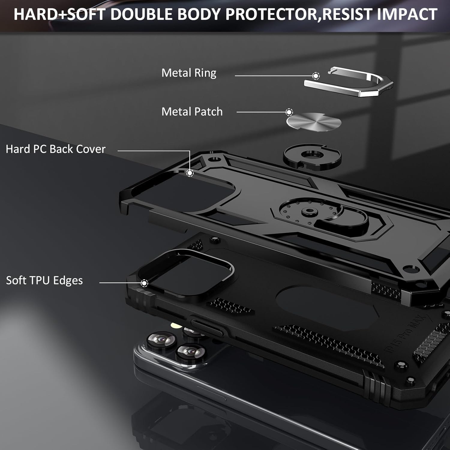 ADDIT Funda para iPhone 13 Pro Max, funda protectora de grado militar para iPhone 13 Pro Max con anillo de soporte de coche para iPhone 13 Pro Max