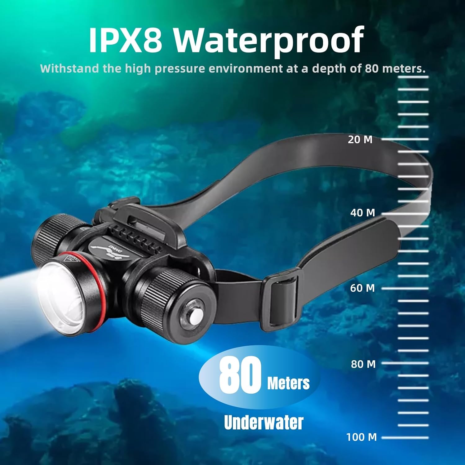 WINDFIRE Luz de buceo, faro de buceo subacuático profesional IPX8 impermeable, linterna de seguridad para faros de buceo, 5 modos, luz de esnórquel