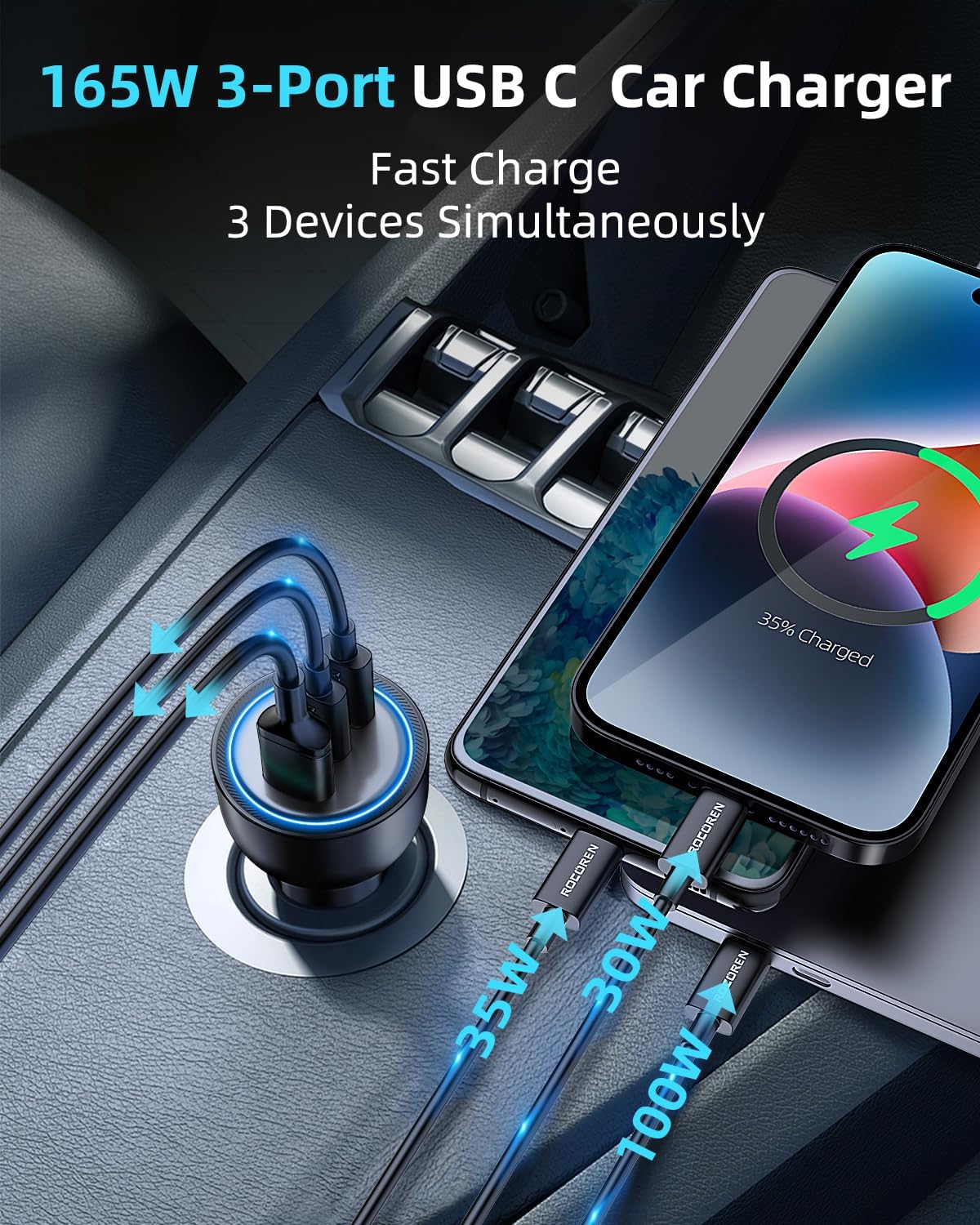Rocoren Cargador de coche USB C de 165 W, PD3.1 140WPD3.0 100 W tipo C, cargador USB QC5 de carga súper rápida con cable de 240 W para MacBook Pro,