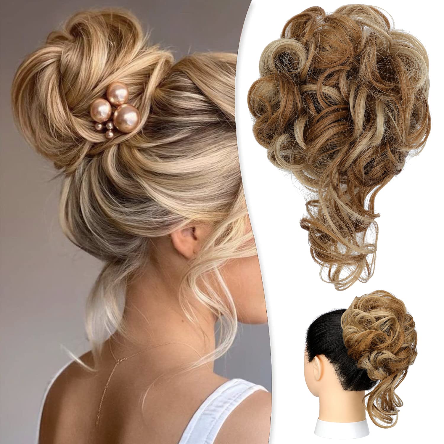 Qunlinta Extensiones de cabello largo ondulado con moño despeinado, extensiones de cabello ondulado para cola de caballo con banda elástica para