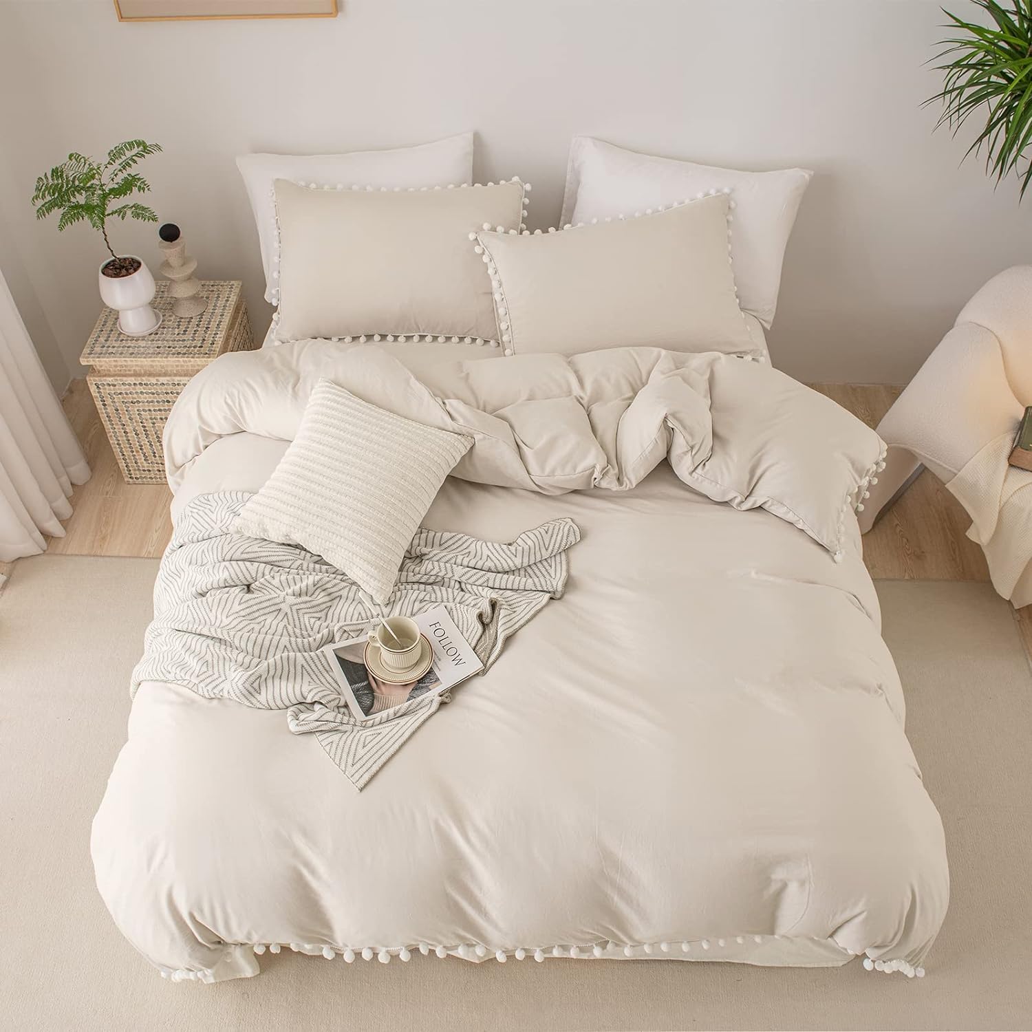 Bedbay Juego de edredón con pompones, color beige, bohemio, juego de ropa de cama para niños y niñas, juego de ropa de cama de microfibra ultra