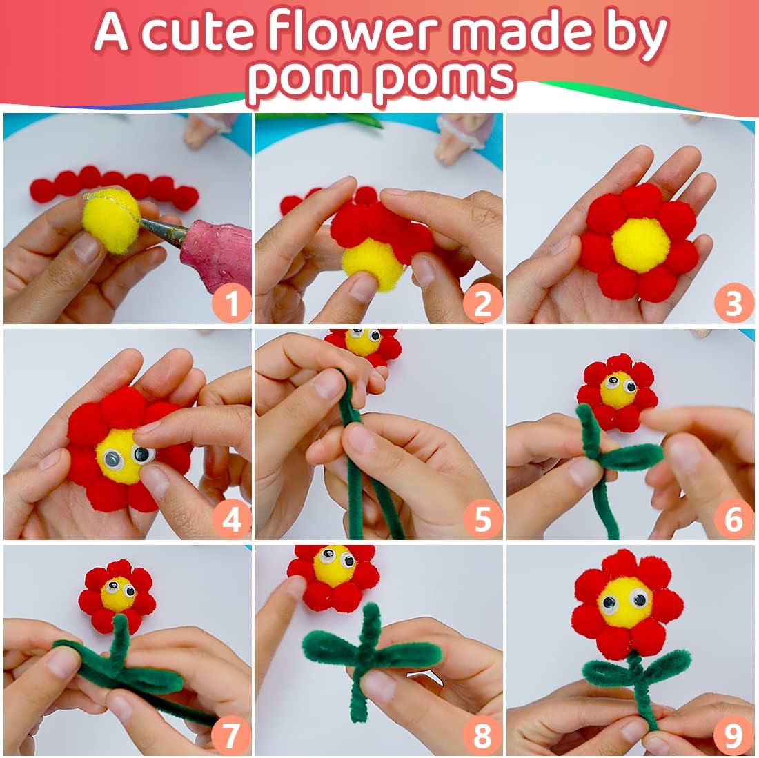 Iooleem Pompones multicolores, 300 pompones de 1 pulgada, para artes y manualidades, bolas de pompones, pompones para manualidades.