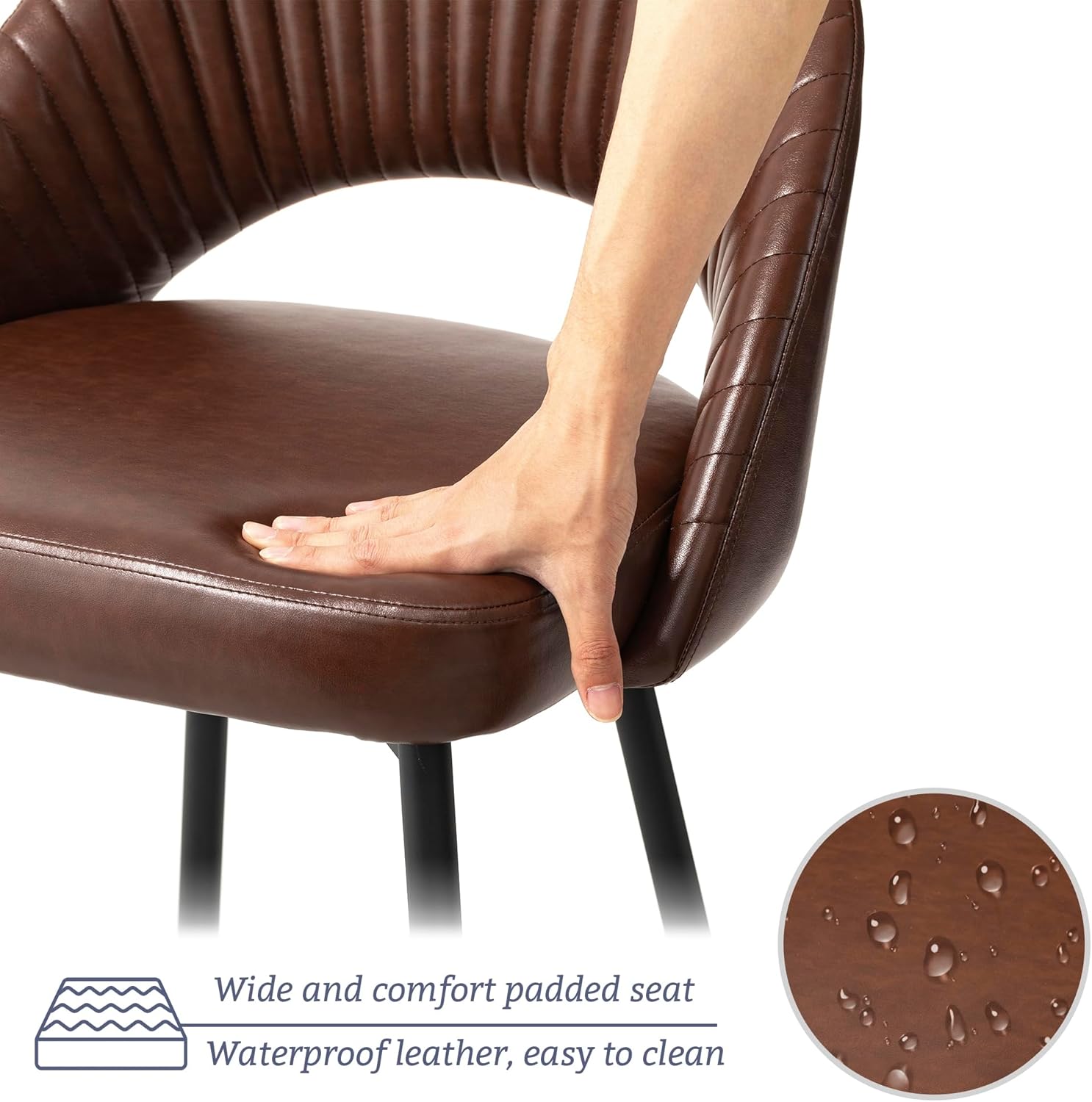 glitzhome Juego de 2 taburetes altos modernos de piel sintética, taburetes de bar altos de respaldo medio con patas cónicas de metal, sillas de bar