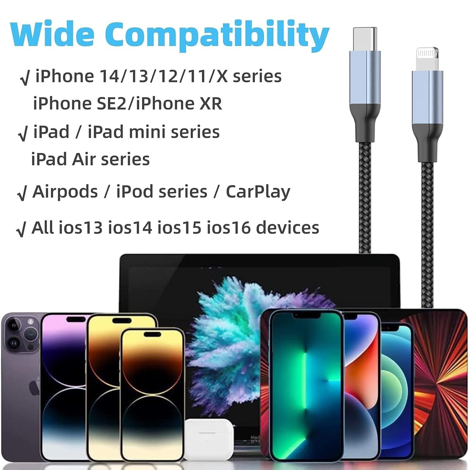 Cable USB C a Lightning de 2 pies, 2 unidades certificado MFi Cable corto tipo C a iPhone, cable de carga de 2 pies para iPhone, cable de carga