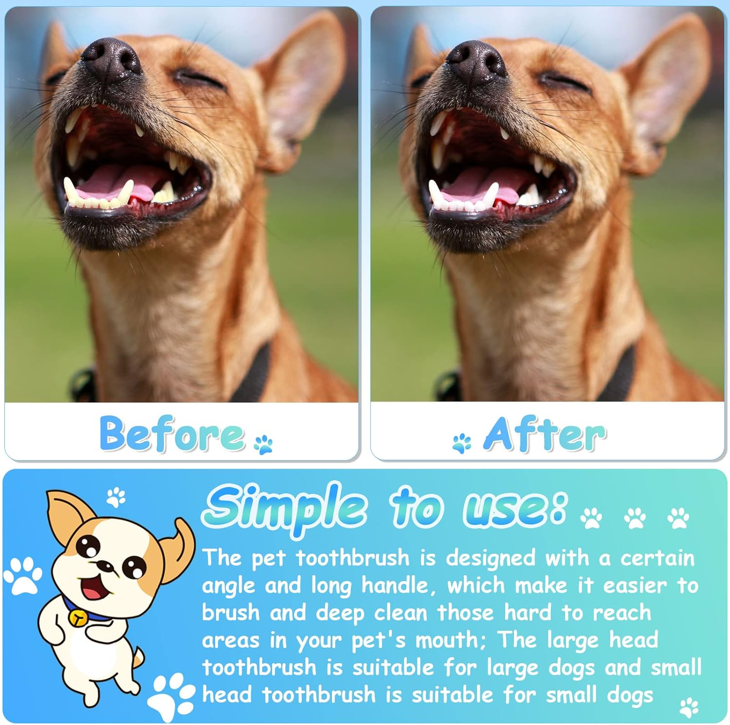 80 piezas de cepillo de dientes para perros pequeños, cepillo de dientes de doble cabeza, cepillos de higiene dental suaves de mango largo para
