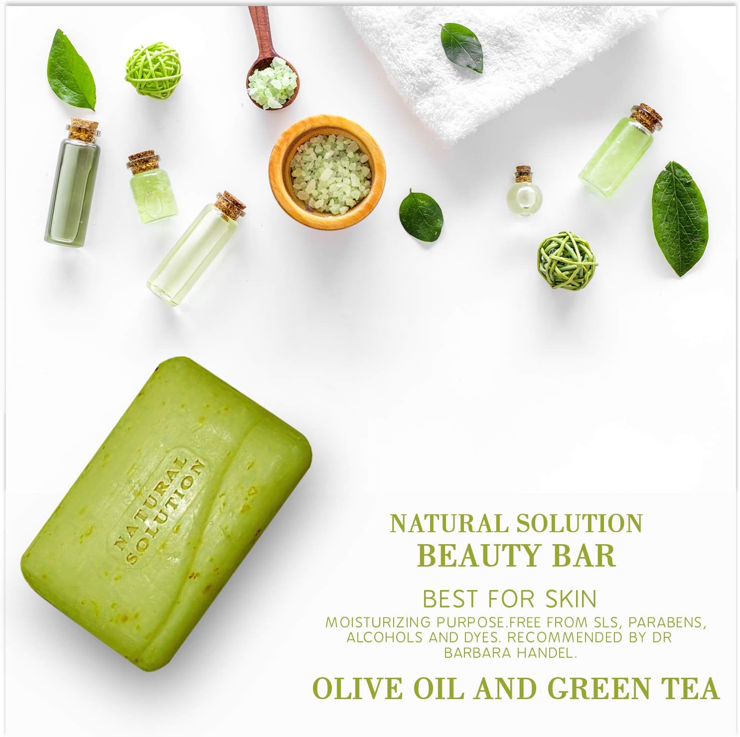 Natural Solution Himalayan Pink Salt Bath, barra de jabón de té verde (paquete de 6), barra de jabón de aceite de oliva y té verde (paquete de 6)