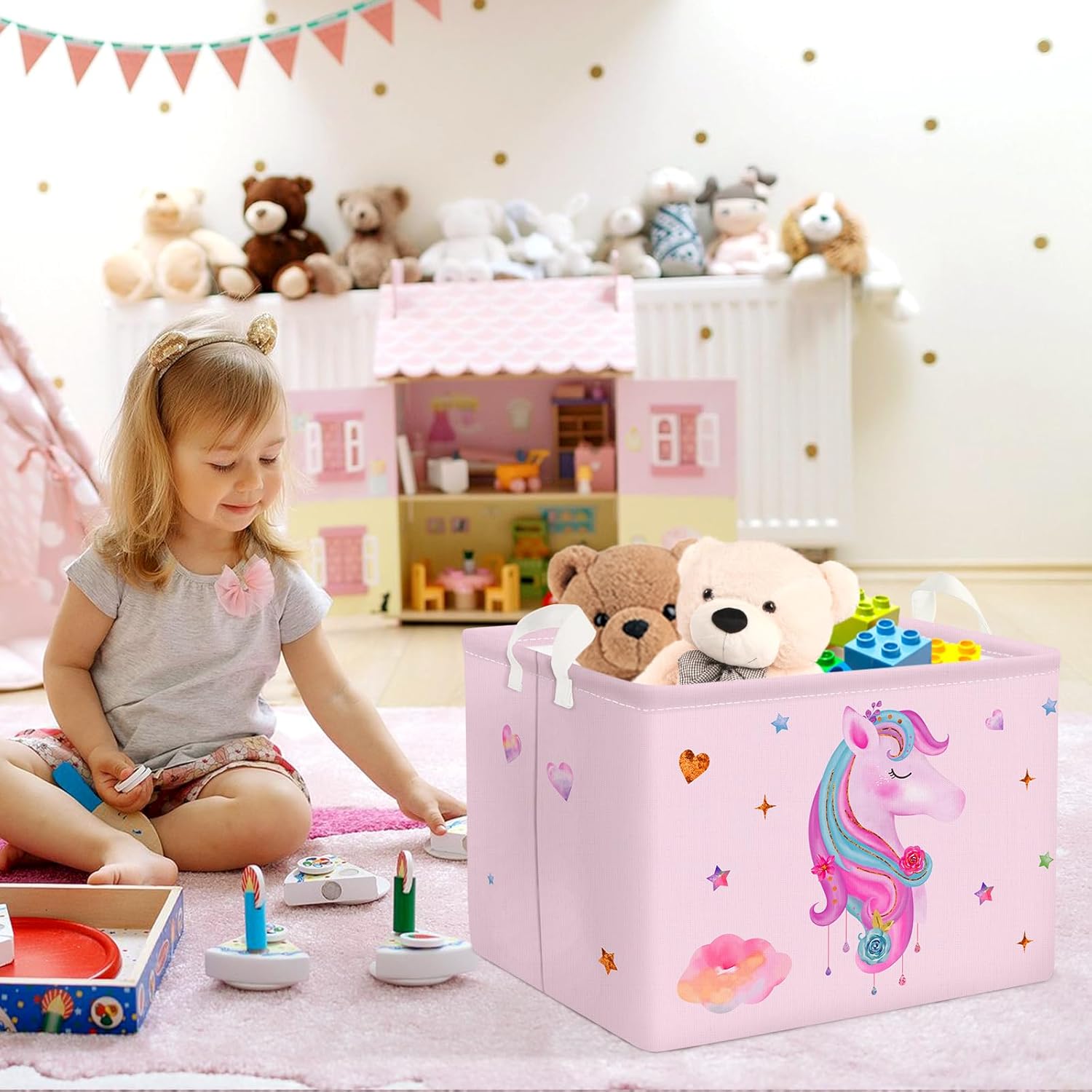 Clastyle Adorable cesta rectangular con diseño de unicornio rosa, estrella de nube, corazón, ropa, libros, cubo de almacenamiento de juguetes, 36L