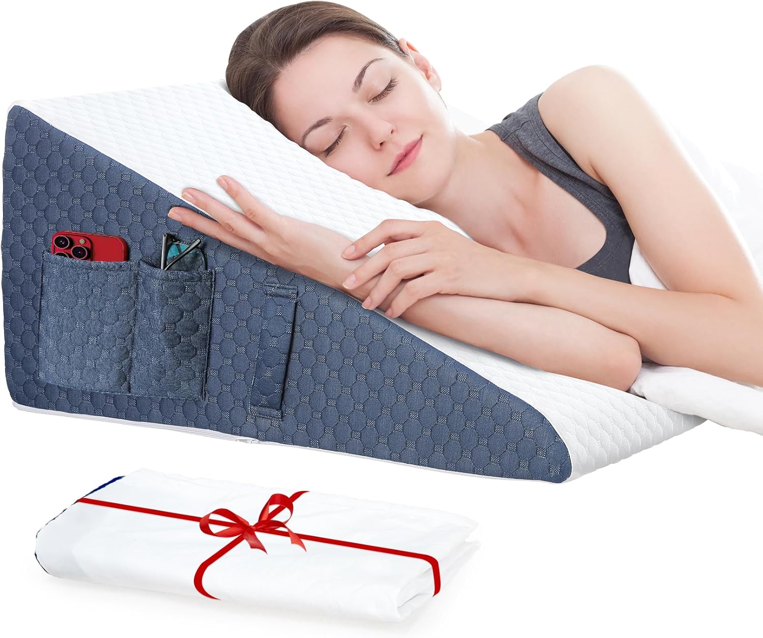 Almohada de cuña de 12 pulgadas con fundas extra reemplazables para mejorar el sueño después de la cirugía, almohada triangular de cuña Gerd
