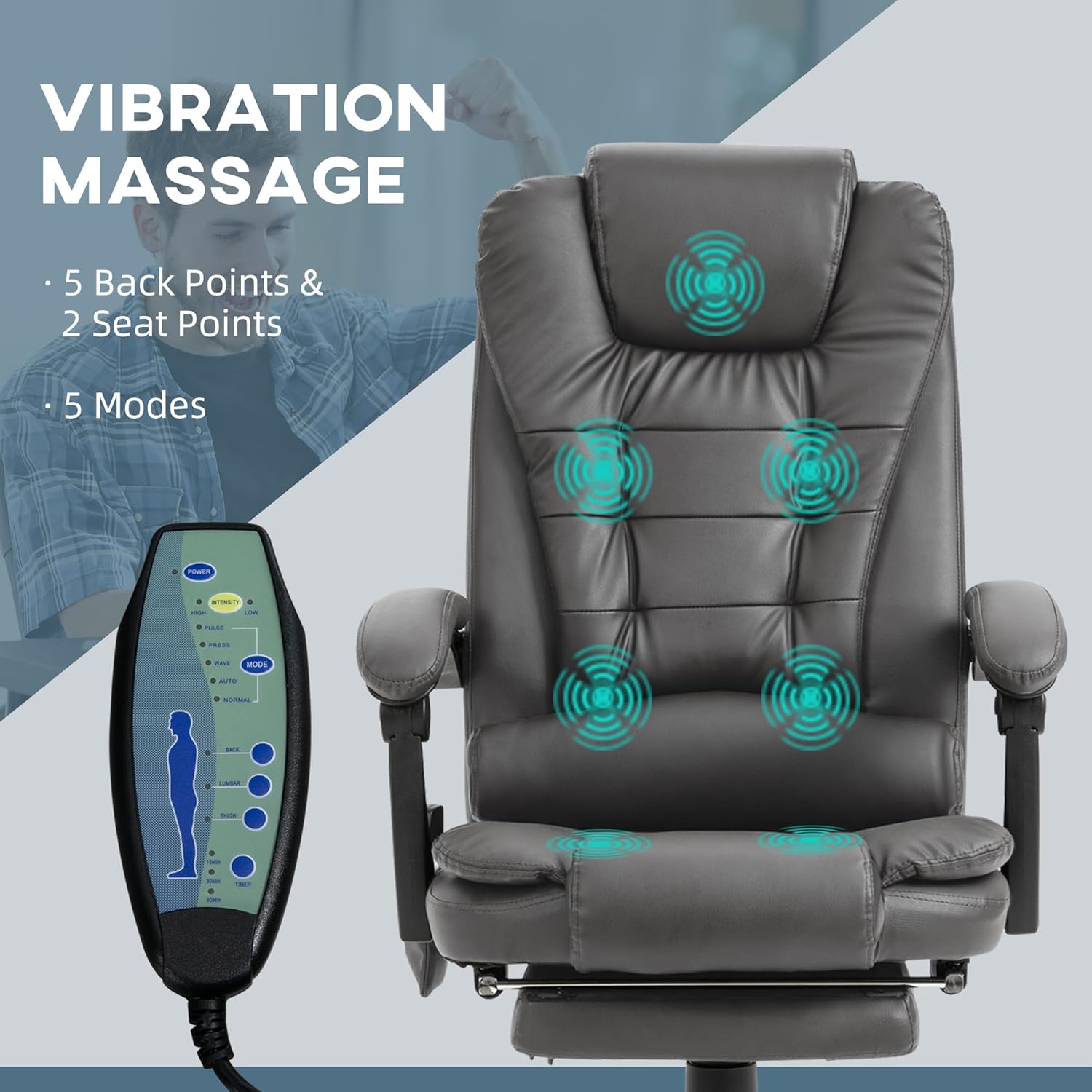 Vinsetto Silla de oficina de masaje vibratorio de 7 puntos, reclinable ejecutivo de respaldo alto con soporte lumbar, reposapiés, respaldo