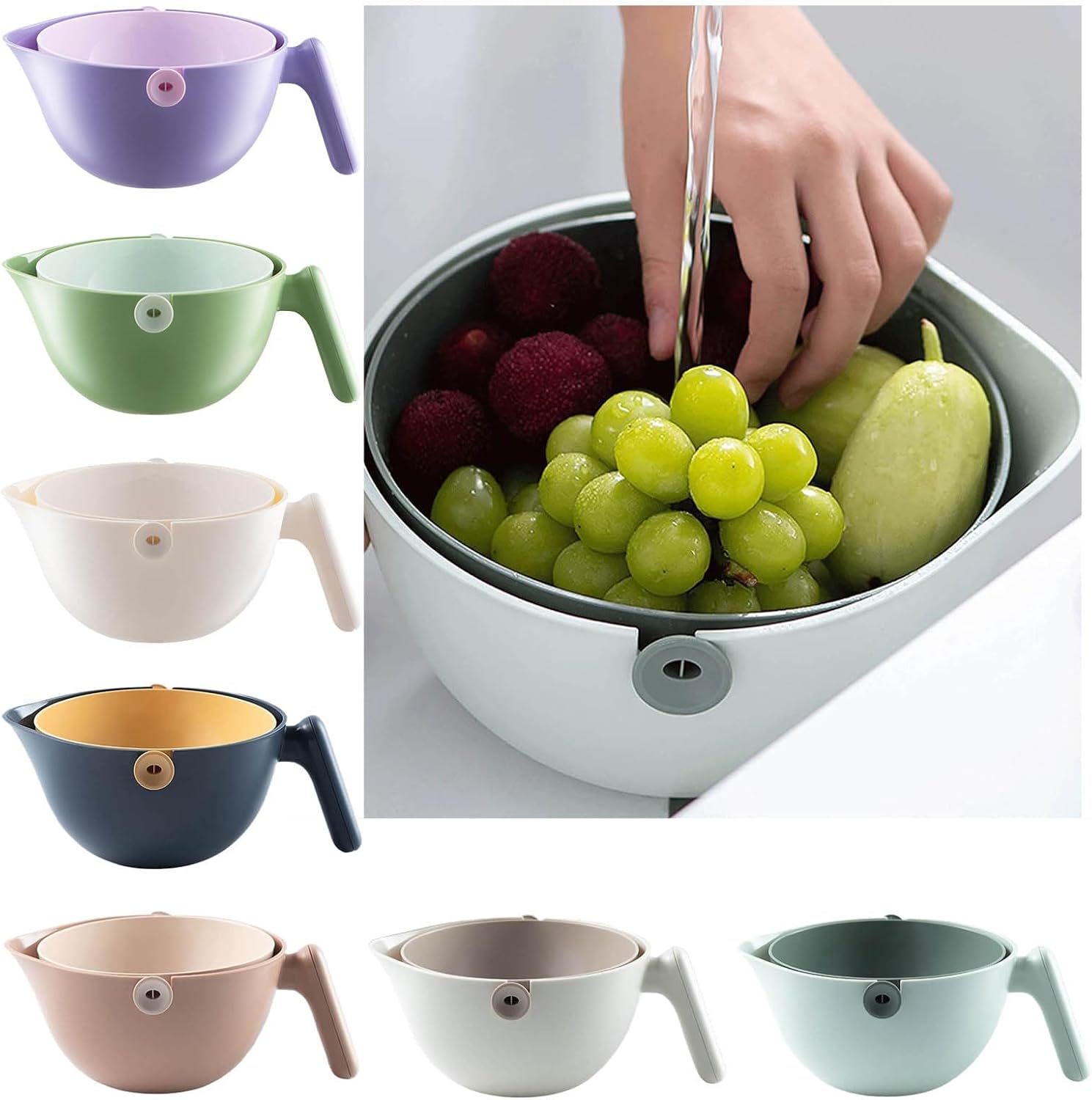 Juego de colador de cocina 2 en 1, colador de limpieza giratorio para verduras y frutas con asa, para frutas, verduras, pasta, fideos, cesta de