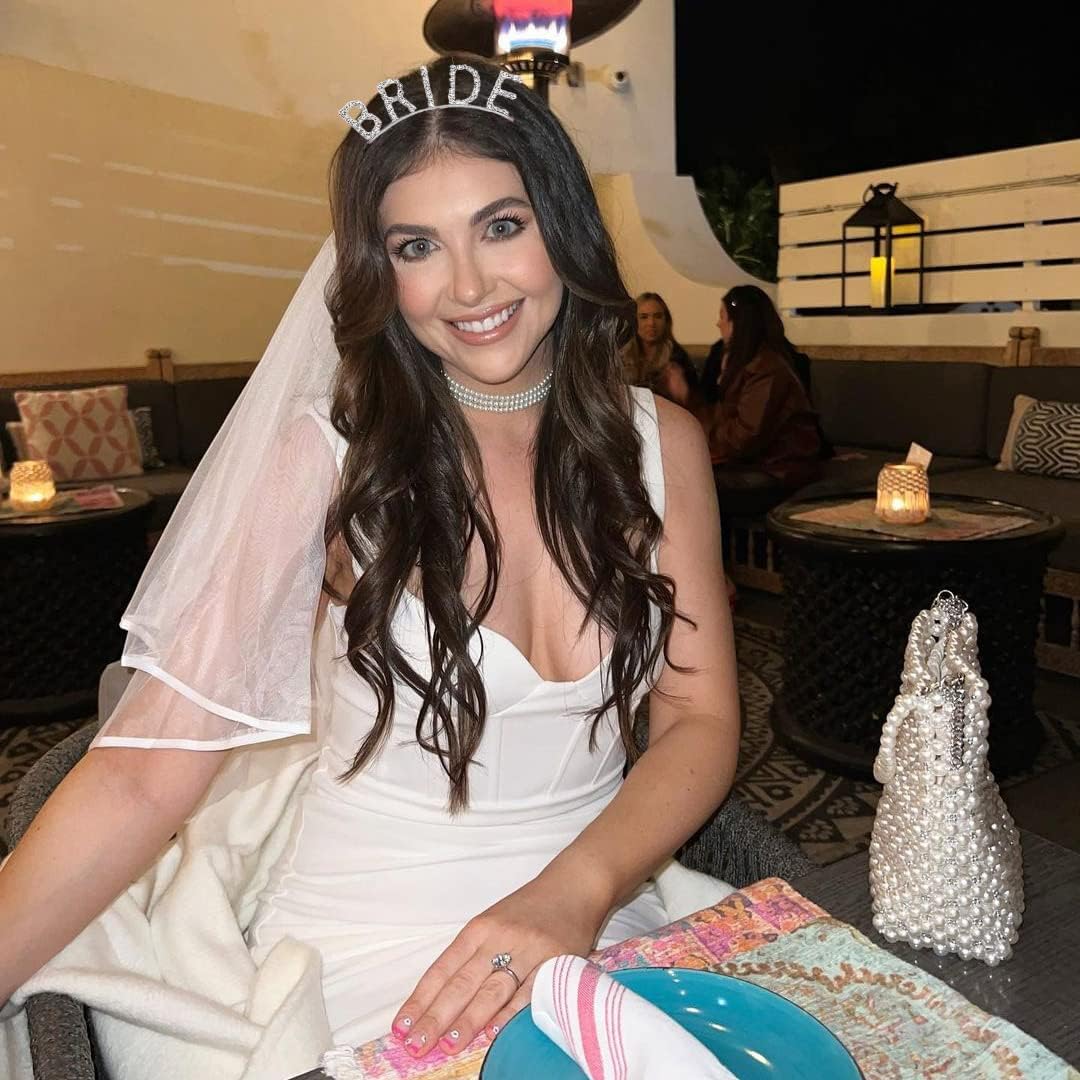 Juego de diademas de novia plateadas y velo de novia blanco con peine y banda plateada para novia, 3 piezas con brillantina, regalos de despedida de