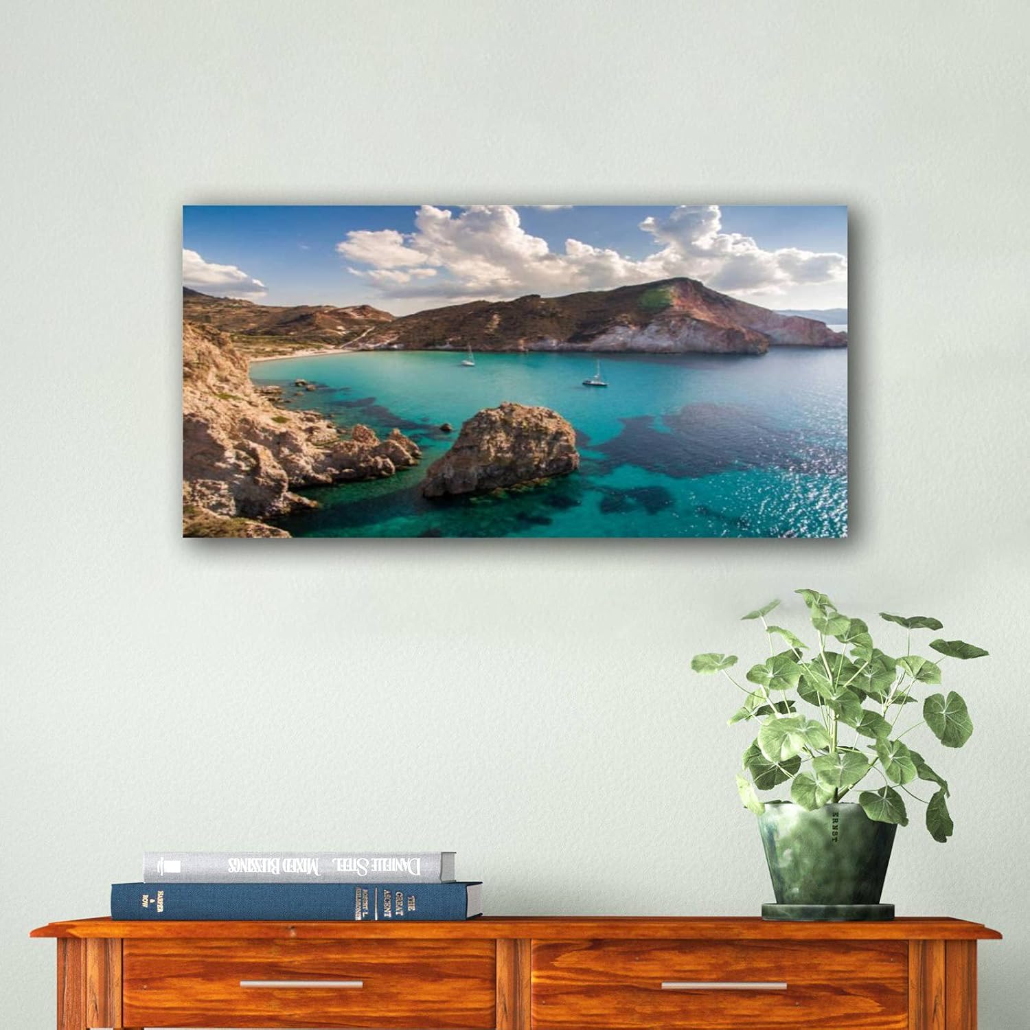 Lienzo decorativo para pared, diseño de veleros anclado en la bahía de Milos Island. Póster impreso sobre lienzo enmarcado con Giclée listo para