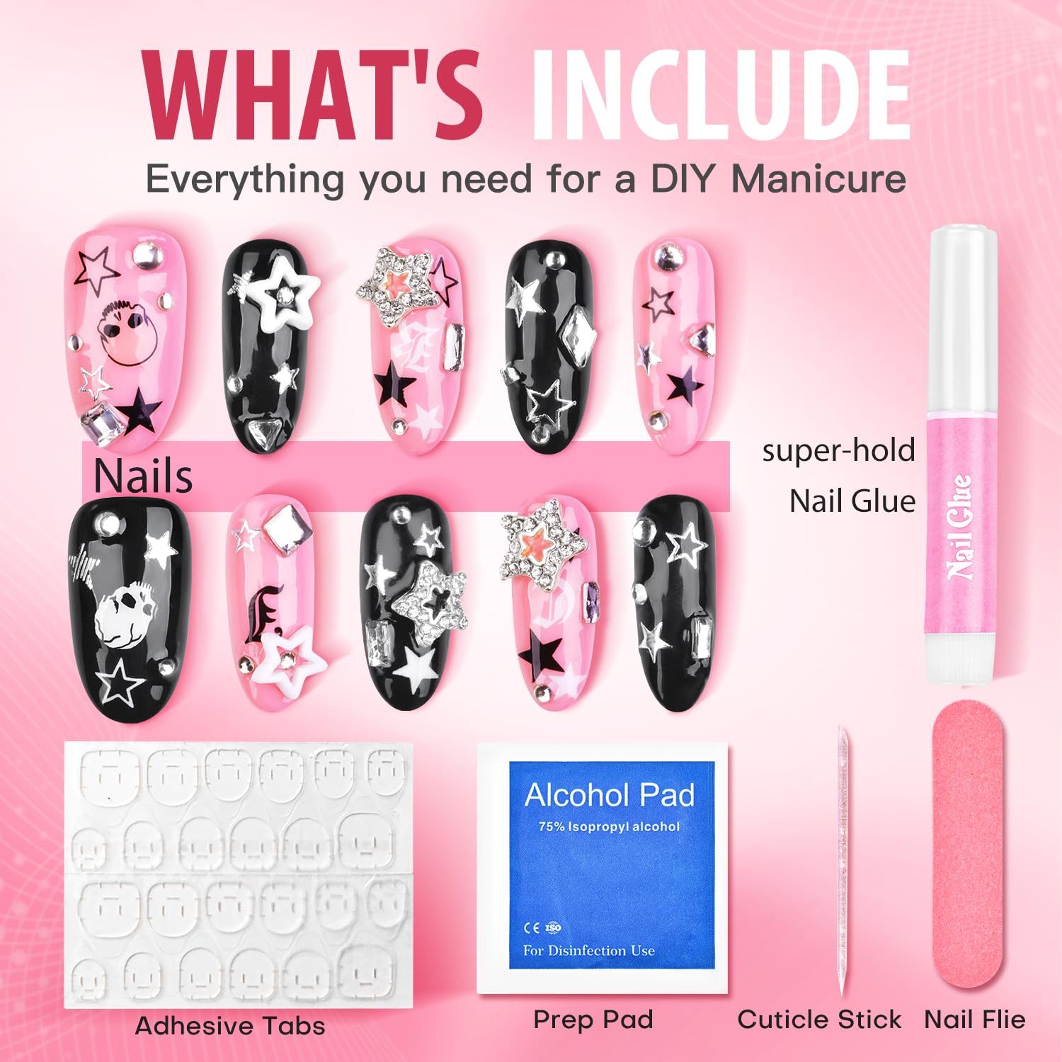 Yasterd Uñas postizas a presión de almendra mediana con diseño de corazón malvado, 100% pintadas a mano, gel reutilizable, acabado UV, uñas postizas