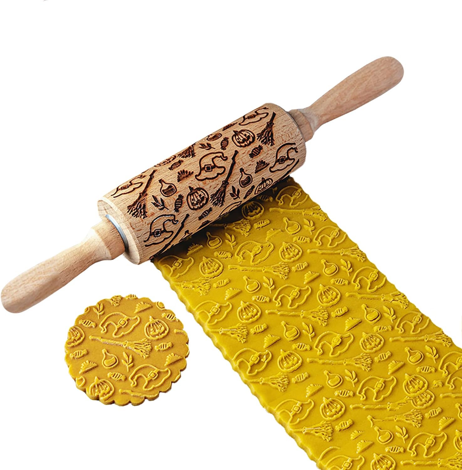 Rodillo en relieve de Halloween para galletas, rodillos de madera, diseños espeluznantes para hornear de Halloween, rodillos de madera en relieve (C)