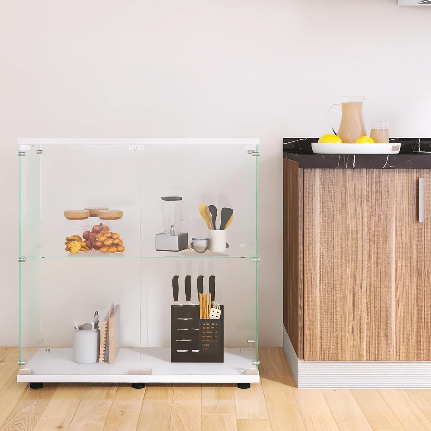 Vitrina con puerta de cristal y cerradura, 2 estantes de instalación rápida en 30 minutos de gabinete Curio con estantería de pie de vidrio templado