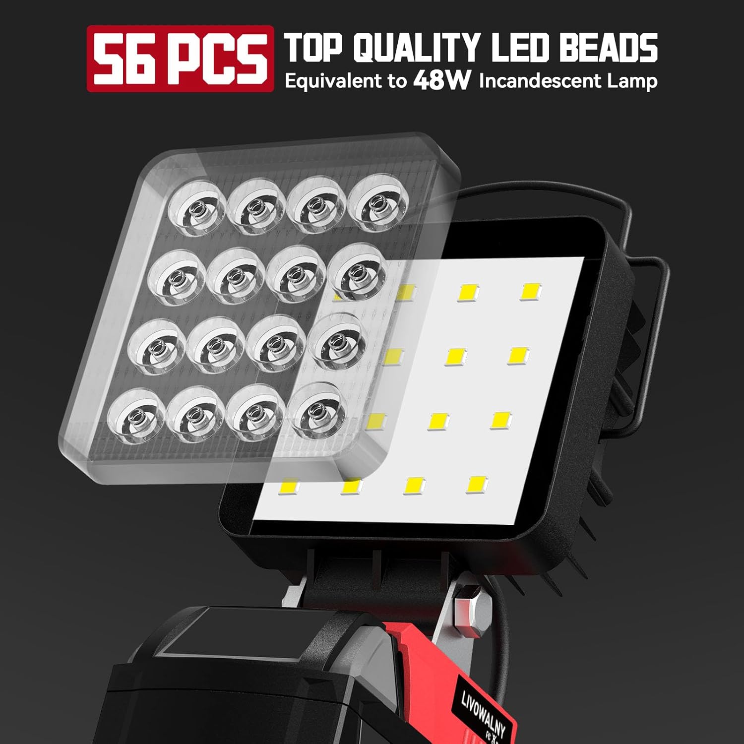 Luz de trabajo LED inalámbrica para batería Milwaukee M18, LIVOWALNY 48W 48000LM Luz de inundación de batería de 4 pulgadas para luz M18 con puerto
