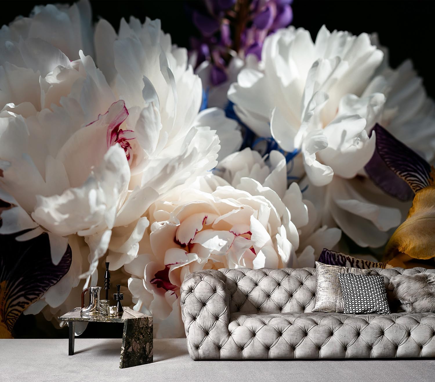 YQWDMX – Papel tapiz de flores de peonía blanca y fondo negro para decoración de pared de dormitorio (no se pega ni se pega)