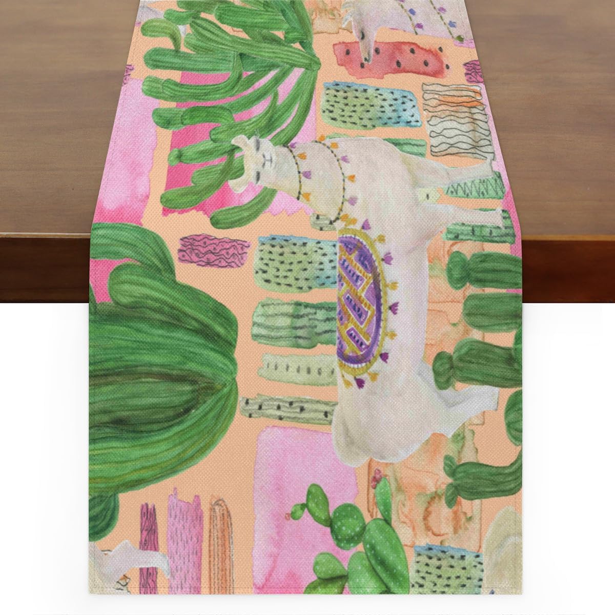 Table Runner Watercolor Alpaca Cacti, Autumn Rustic Linen Table Cloth Kitchen Dining Table Decor for Home Party 13 x 72 Inches