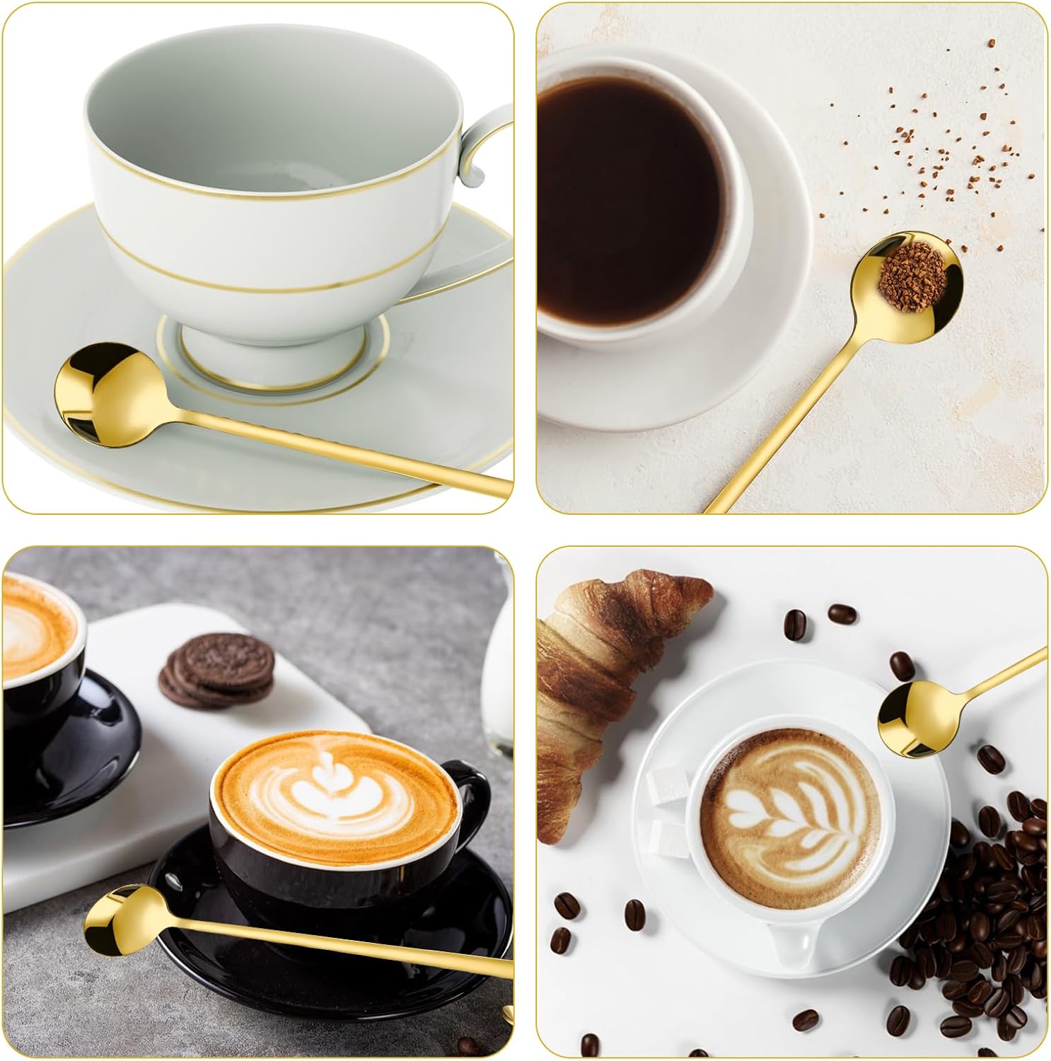 6 cucharas de café pequeñas, cucharaditas pequeñas de oro, cucharas largas para revolver, cucharas de té de acero inoxidable, cucharas redondas de